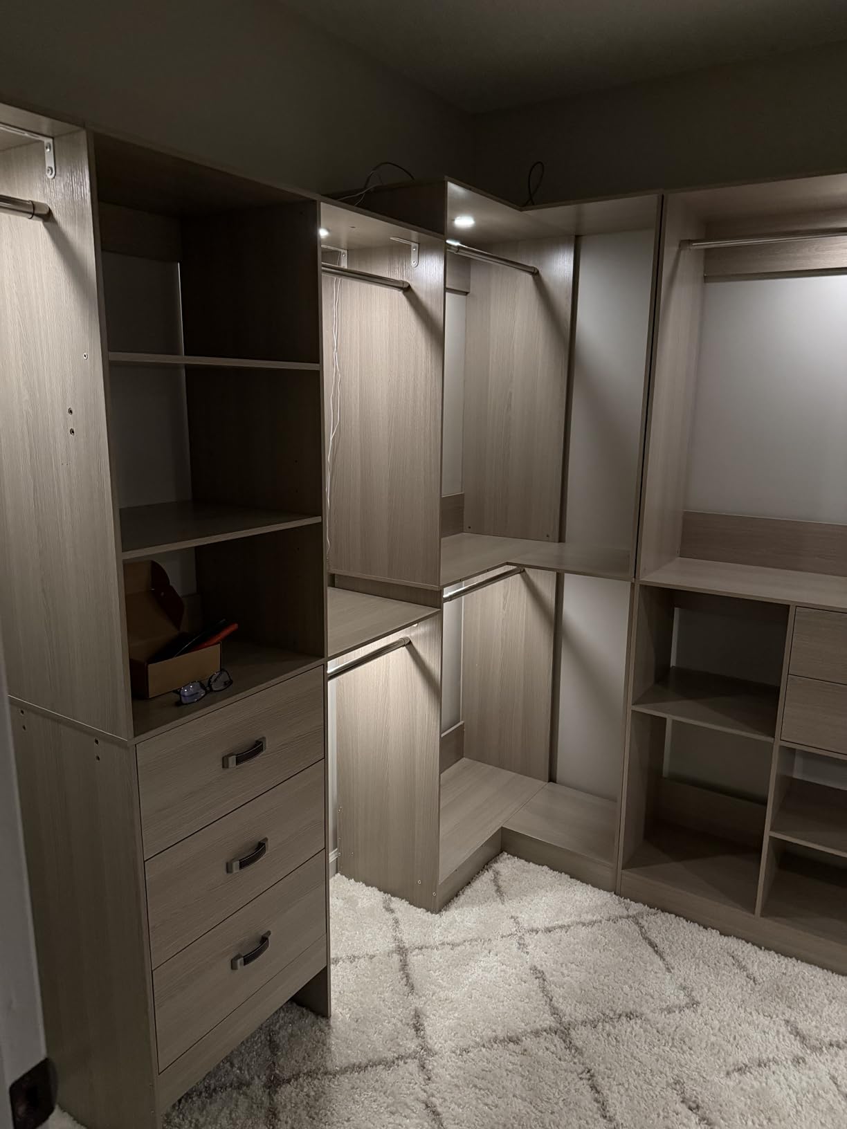 Armocity 96 Inches Closet System, 8FT Walk In Closet Organizer with 3 Shelving Towers, Heavy Duty Clothes Rack with 3 Drawers, Built-In Garment Rack, 96