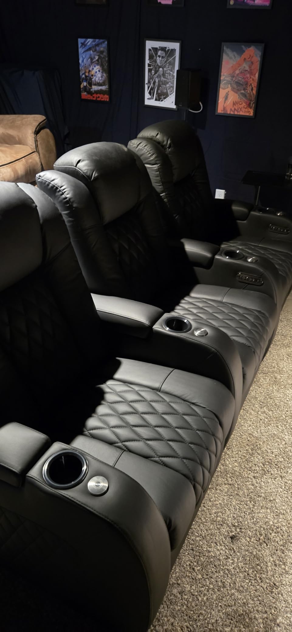 Weilianda Home Theater Seating Top Grain Leather Zero Gravity Recliner Chair Power Headrest Recline Movie Seat Gaming 7 Colors Mood Light Sofa with Tray Table USB Charge Row of 3 Black customer photo 2