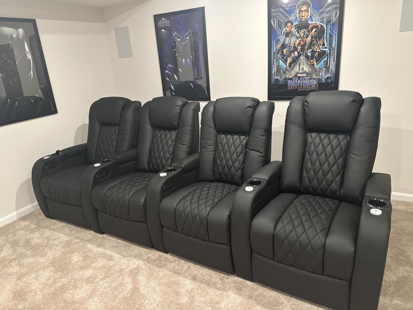 Weilianda Home Theater Seating Top Grain Leather Zero Gravity Recliner Chair Power Headrest Recline Movie Seat Gaming 7 Colors Mood Light Sofa with Tray Table USB Charge Row of 3 Black customer photo 5