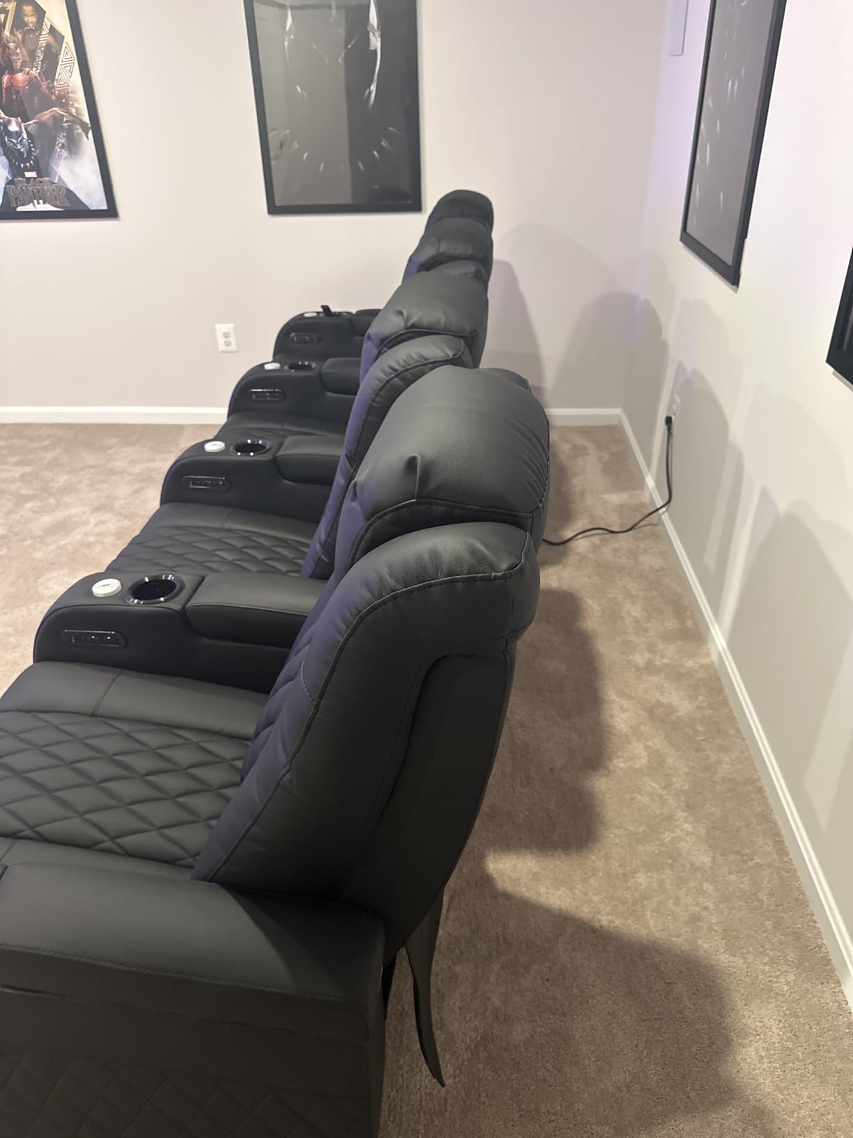 Weilianda Home Theater Seating Top Grain Leather Zero Gravity Recliner Chair Power Headrest Recline Movie Seat Gaming 7 Colors Mood Light Sofa with Tray Table USB Charge Row of 3 Black customer photo 9