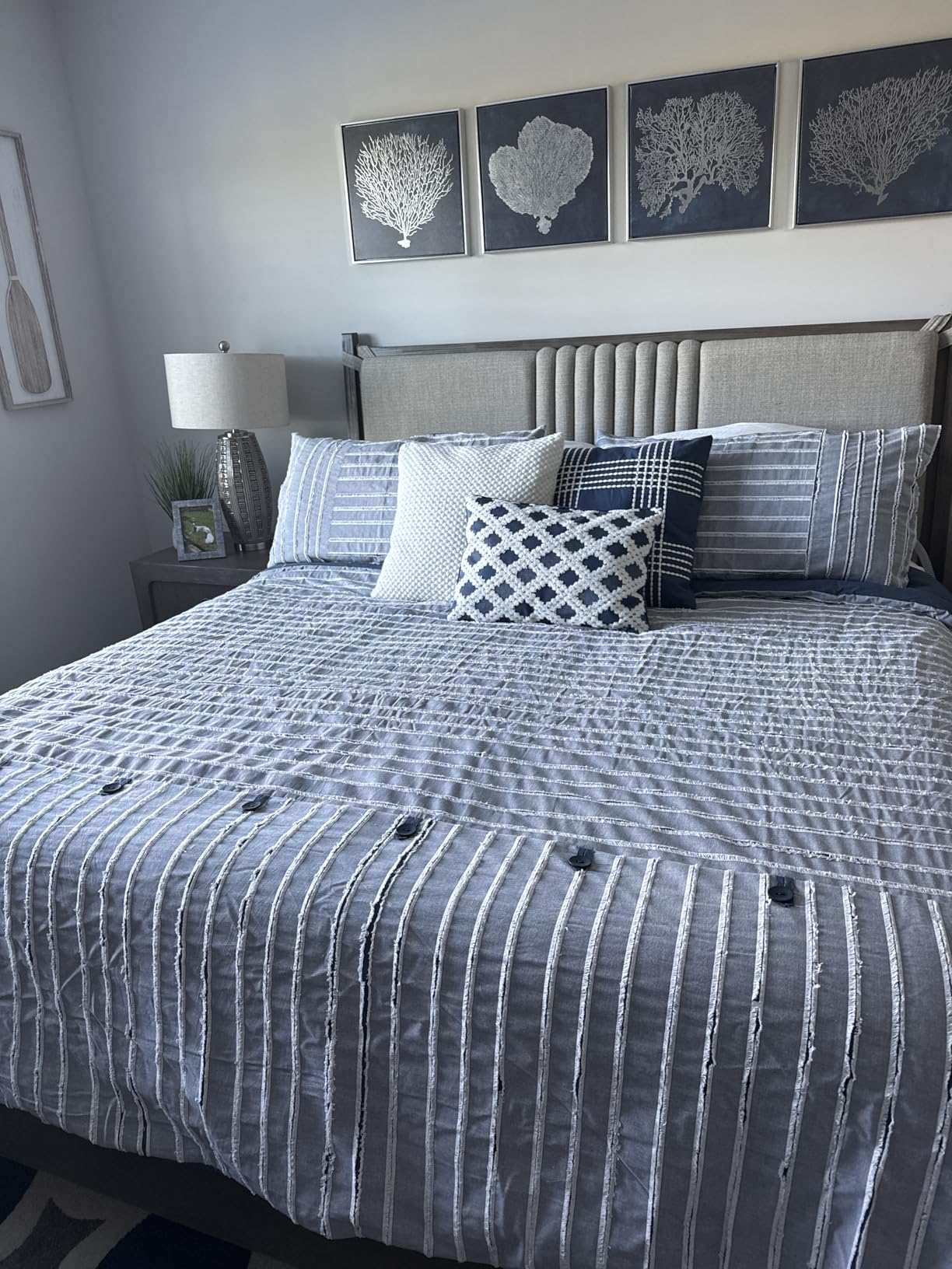 Madison Park King Comforter Set Clipped Jacquard Stripes with Buttons Boho Comforter for a King-Size Bed, Cotton Oversized Comforters with Removable Cover Boho Bedding, King Ivory 9 Piece customer photo 2