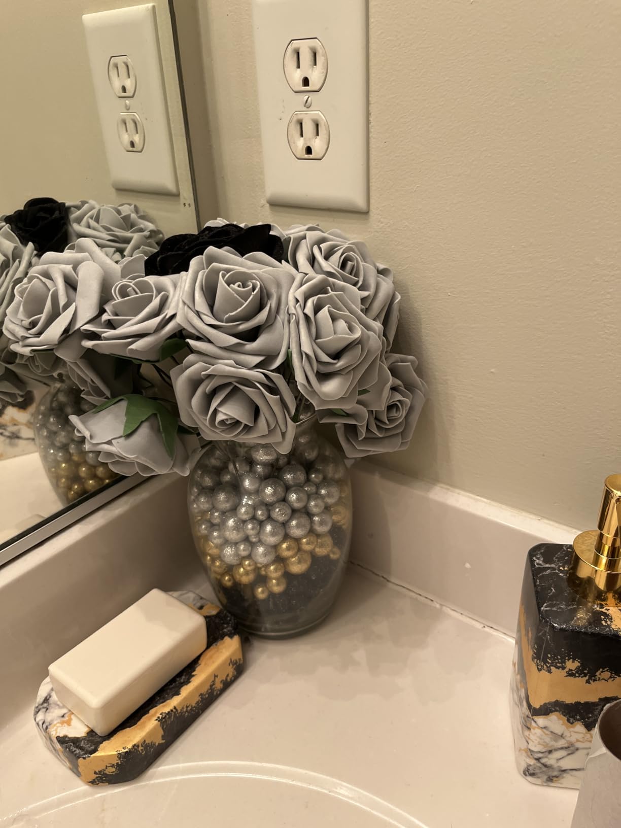 4 Piece Bathroom Accessories Set - White Bathroom Accessory Sets Includes Lotion Dispenser, Toothbrush Holder Tumbler, and Soap Dish - Glossy Finish (Marble, White) customer photo 2