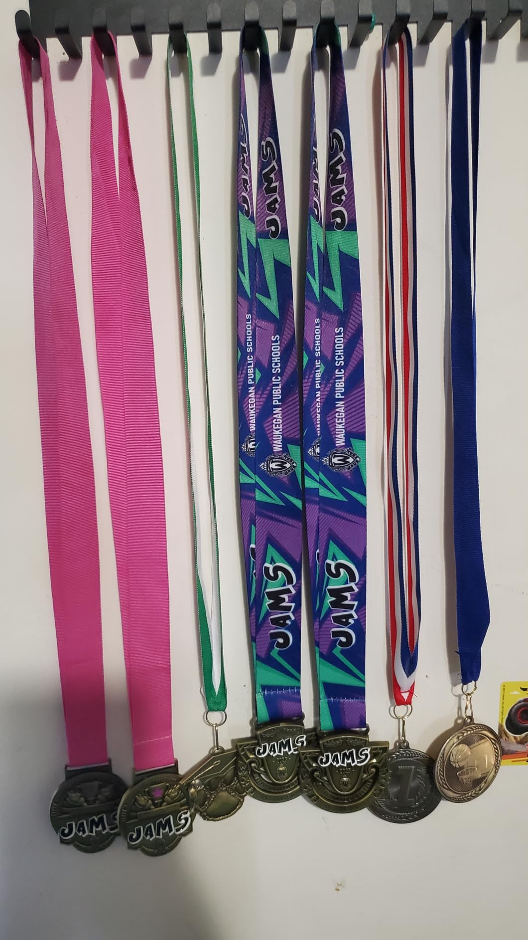 Metal Medal Hanger Display,Non-Slip Trophy Shelf with 20 Hooks,Wall Mount,Heavy Duty,Non-Bent,Holds 22-33lbs,for Gymnastics,Race,Soccer,Swim customer photo 1