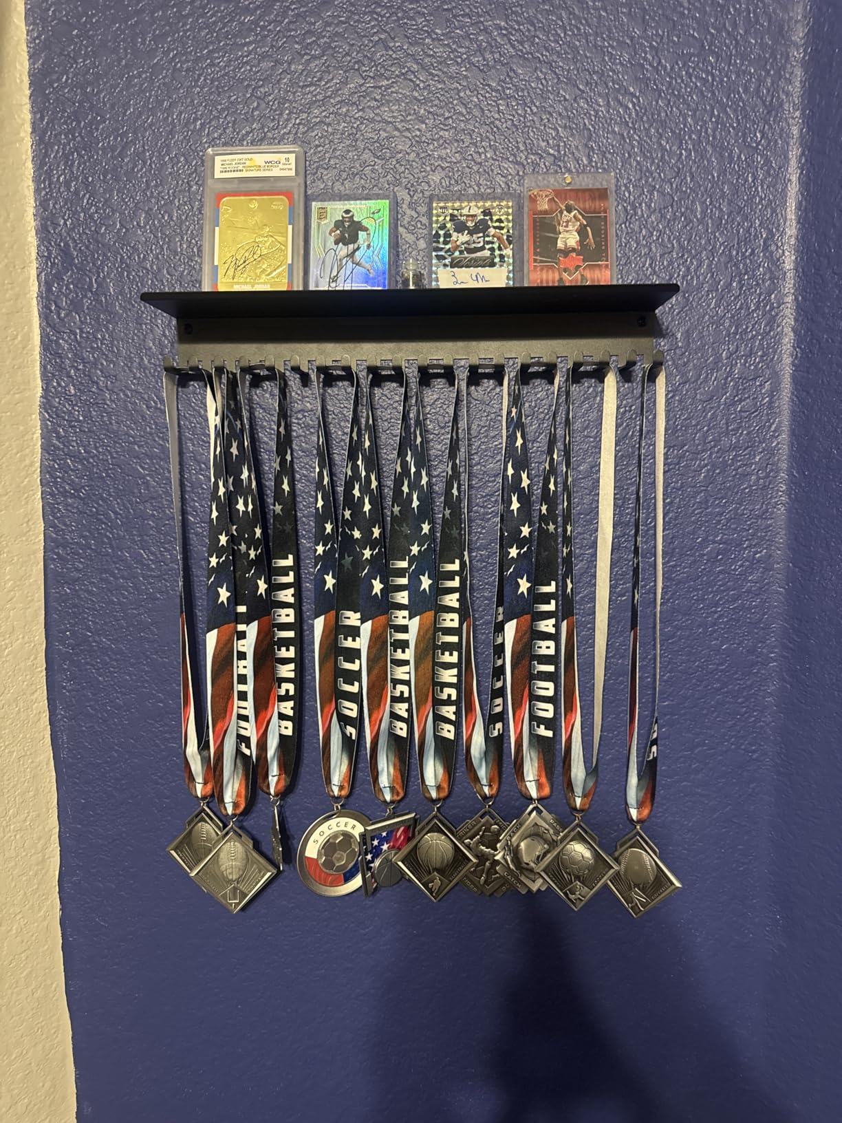 Metal Medal Hanger Display,Non-Slip Trophy Shelf with 20 Hooks,Wall Mount,Heavy Duty,Non-Bent,Holds 22-33lbs,for Gymnastics,Race,Soccer,Swim customer photo 2