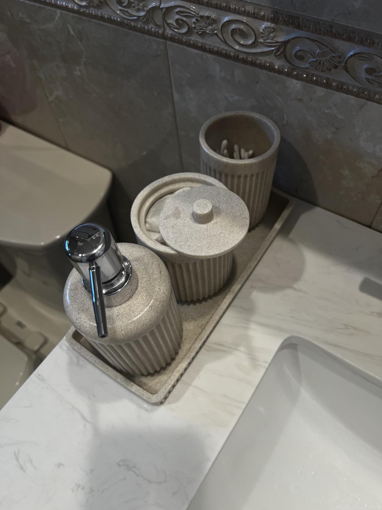 Resin White Marble Bathroom Accessories Set 5 Pcs, Lotion Soap Dispenser, Toothbrush Holder, Bathroom Tumbler, Qtip Holder and Vanity Tray, Bathroom Countertop Organizer Set for Home Apartment customer photo 1