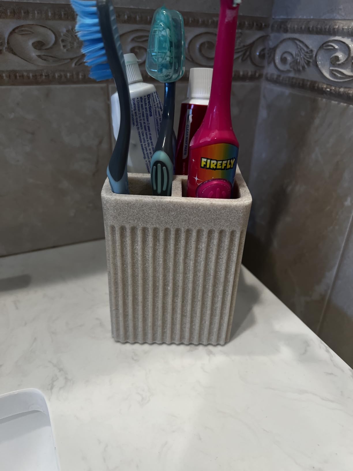 Resin White Marble Bathroom Accessories Set 5 Pcs, Lotion Soap Dispenser, Toothbrush Holder, Bathroom Tumbler, Qtip Holder and Vanity Tray, Bathroom Countertop Organizer Set for Home Apartment customer photo 2