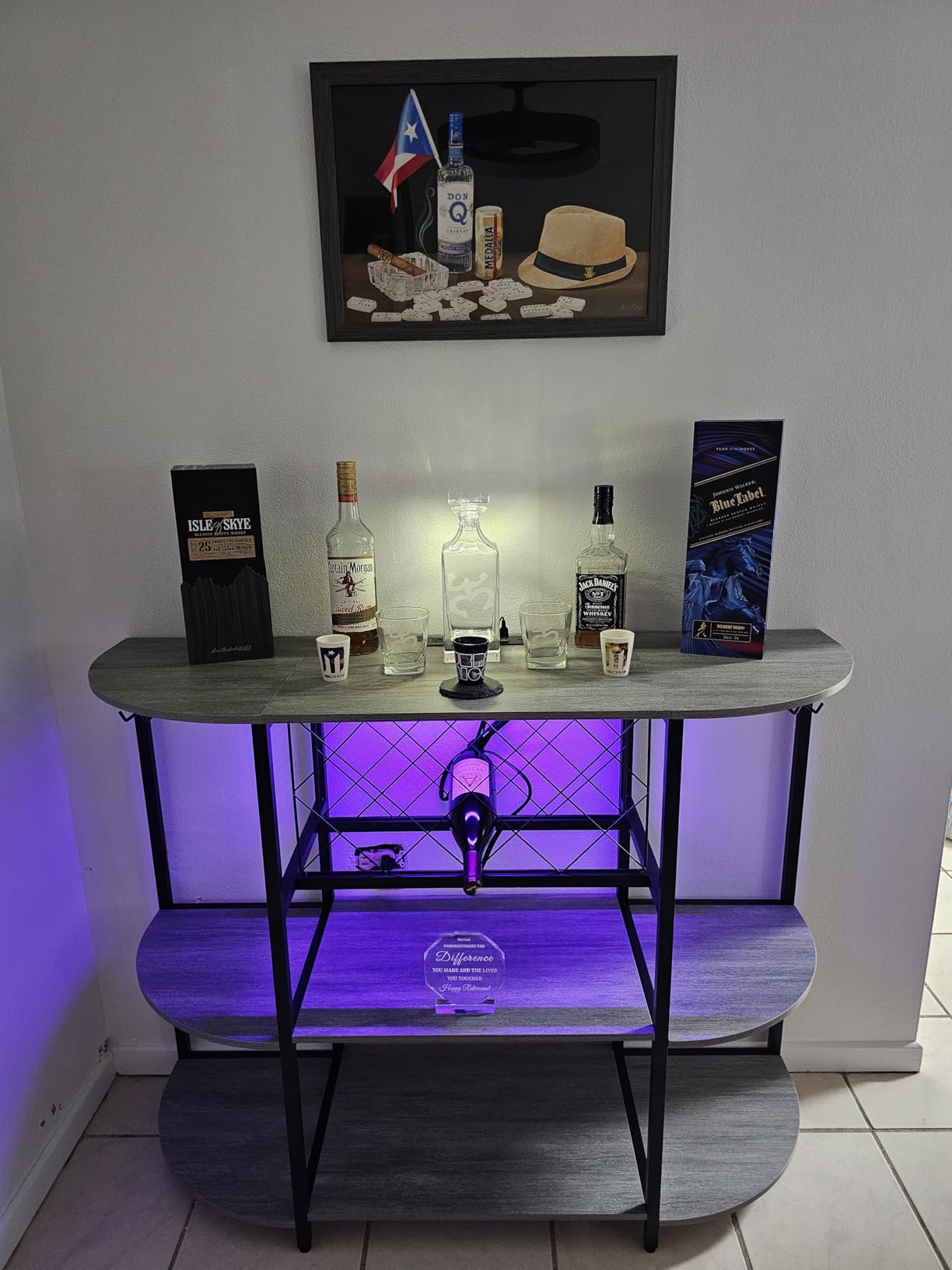 Unikito 4-Tier Metal Coffee Bar Cabinet with Outlet and LED Light, Freestanding Floor Bar Table for Liquor with Glass Holder and Wine Storage customer photo 1
