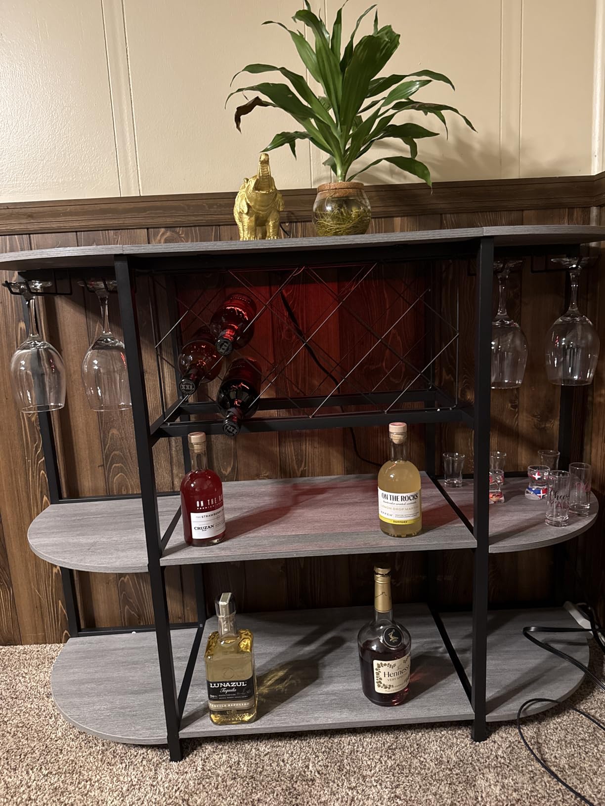 Unikito 4-Tier Metal Coffee Bar Cabinet with Outlet and LED Light, Freestanding Floor Bar Table for Liquor with Glass Holder and Wine Storage customer photo 2
