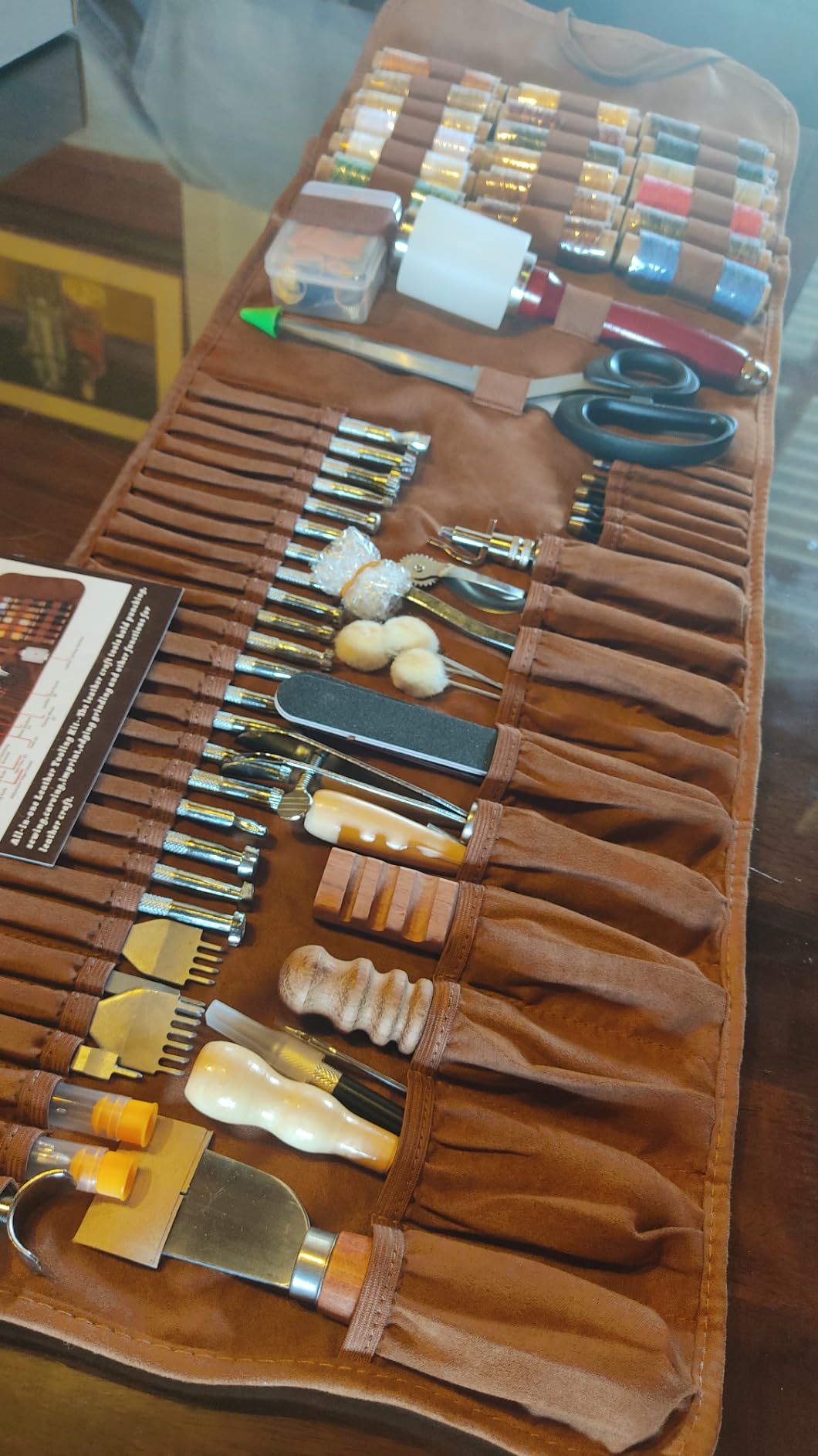 TLKKUE Leather Working Tool Leatherworking Tool Kit with Custom Storage Bag for Carving Punching Sewing Stamping, Essential Supplies for DIY Leather Crafts customer photo 1