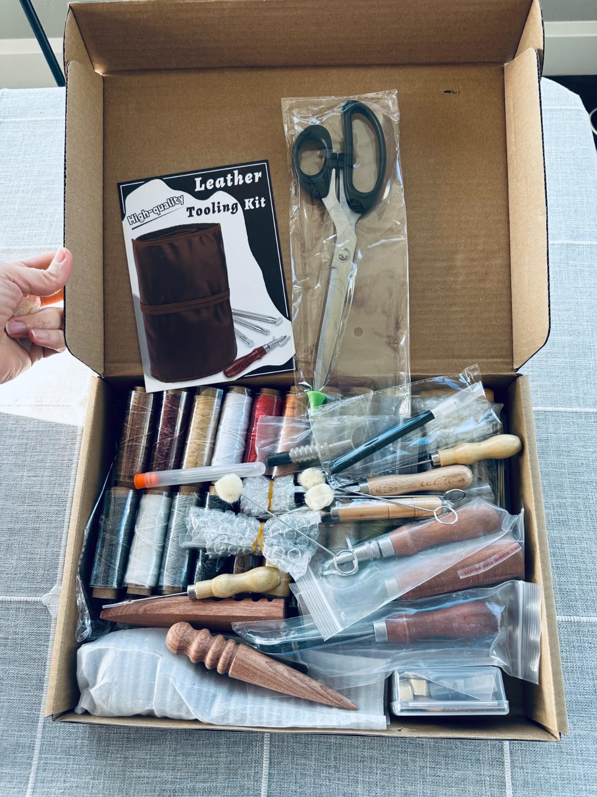 TLKKUE Leather Working Tool Leatherworking Tool Kit with Custom Storage Bag for Carving Punching Sewing Stamping, Essential Supplies for DIY Leather Crafts customer photo 2