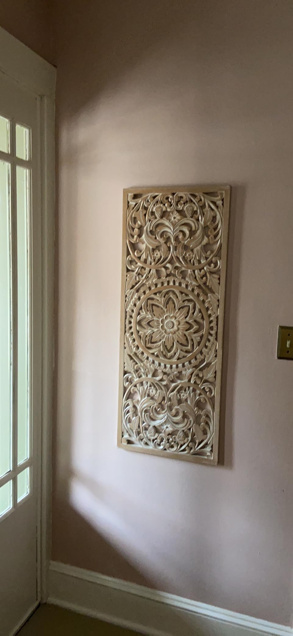 Amara Boho Carved Wood Wall Art, Handmade in Bali Mandala Panel Decor, Natural Brown Vertical Farmhouse Wall Hanging Accent, 39 x 16 in customer photo 1
