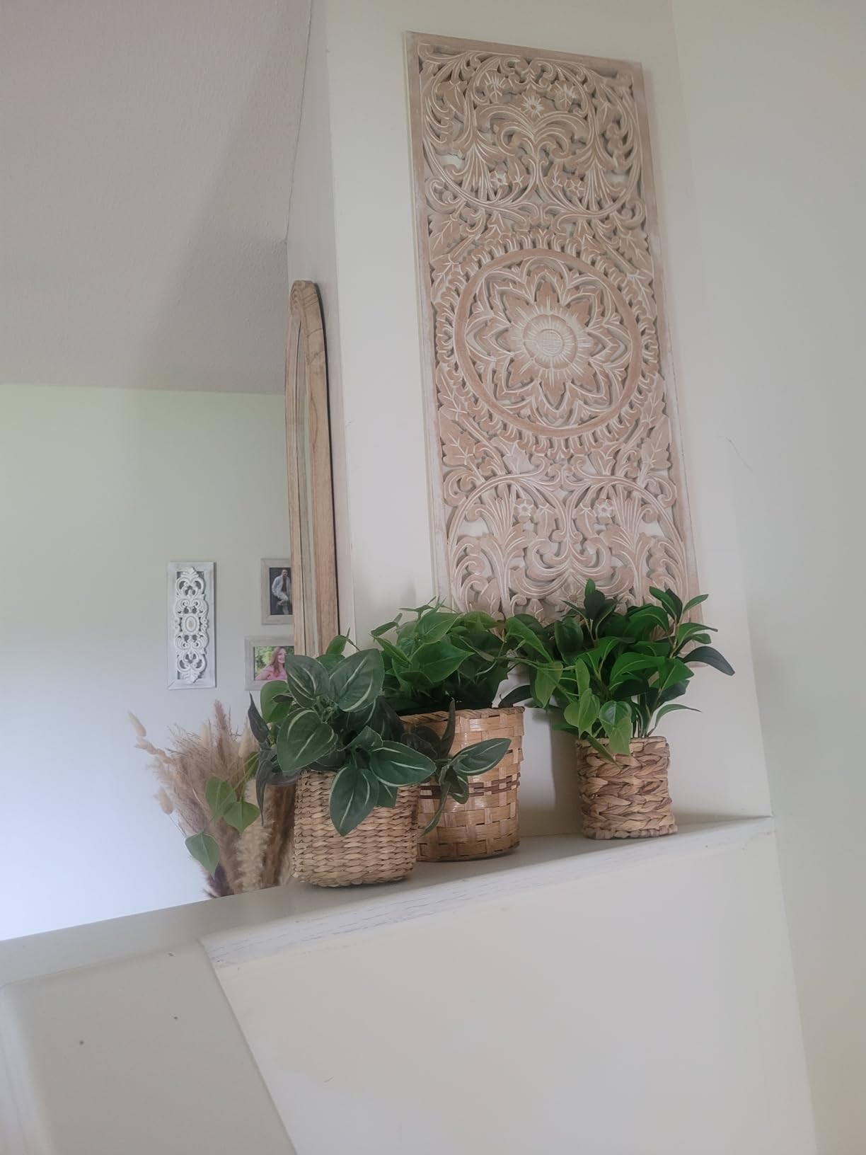 Amara Boho Carved Wood Wall Art, Handmade in Bali Mandala Panel Decor, Natural Brown Vertical Farmhouse Wall Hanging Accent, 39 x 16 in customer photo 2