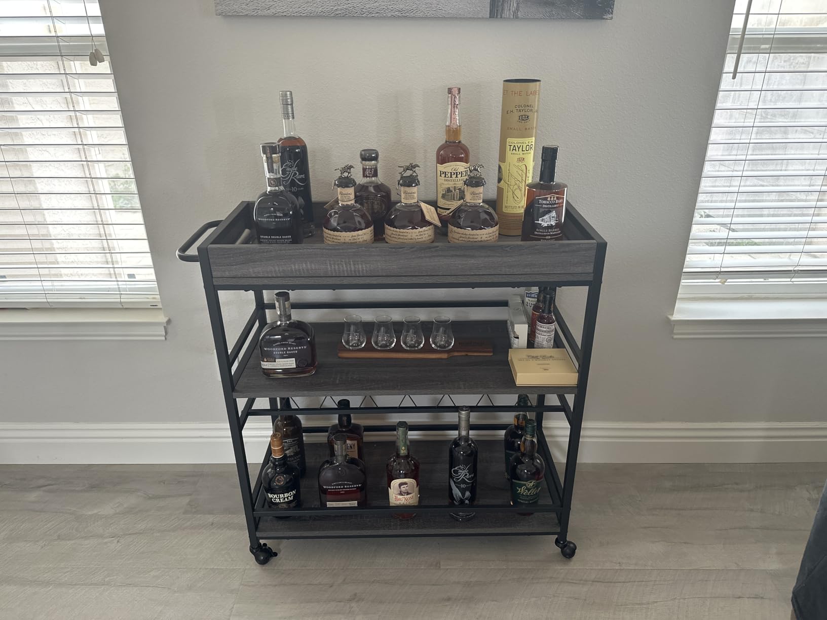 BON AUGURE Bar Cart for The Home, Bar Serving Carts on Wheels, 3 Tier Storage Drink Trolley, Rolling Wood and Metal Liquor Beverage Cart (Vintage Oak) customer photo 1