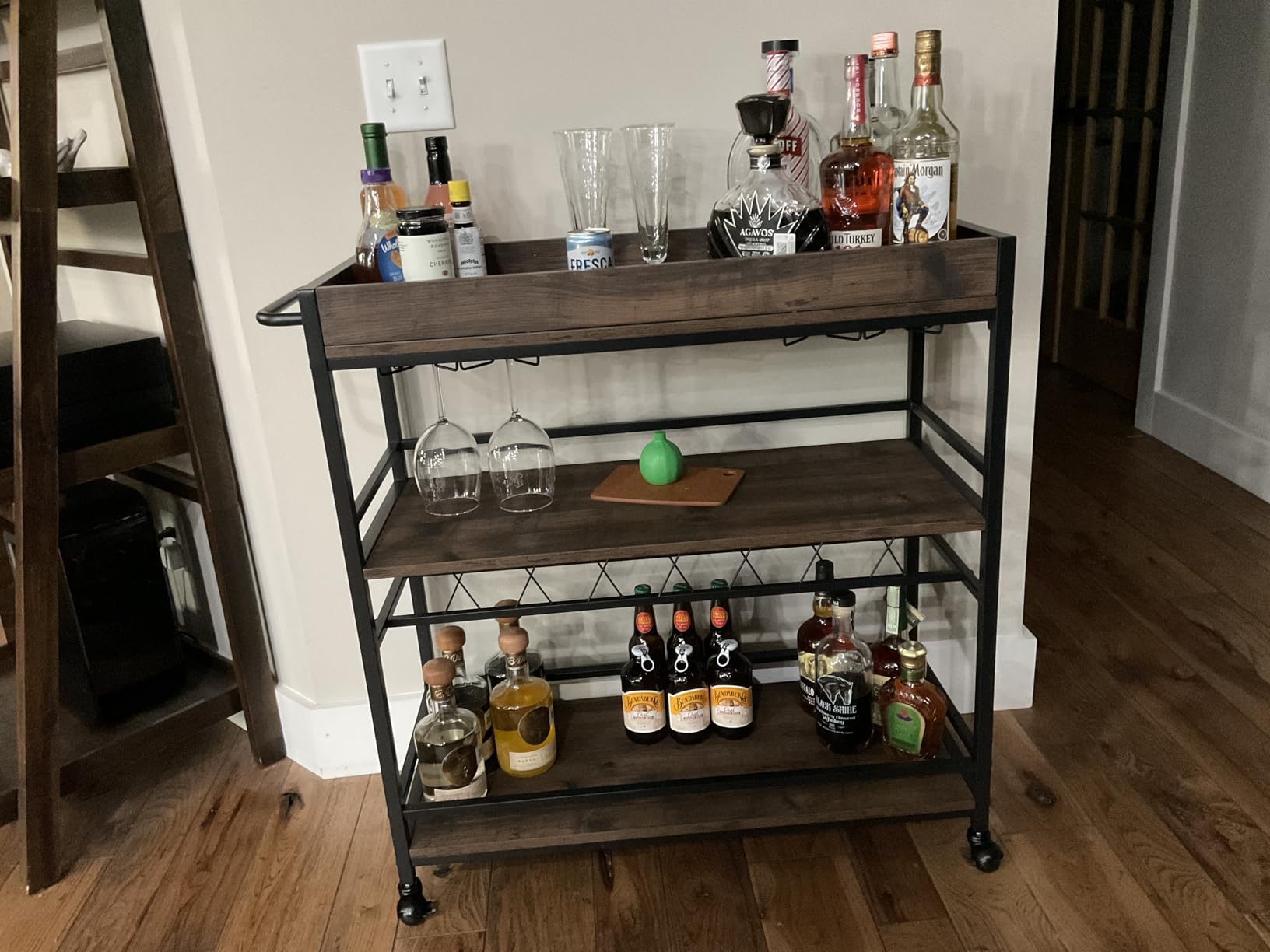 BON AUGURE Bar Cart for The Home, Bar Serving Carts on Wheels, 3 Tier Storage Drink Trolley, Rolling Wood and Metal Liquor Beverage Cart (Vintage Oak) customer photo 2