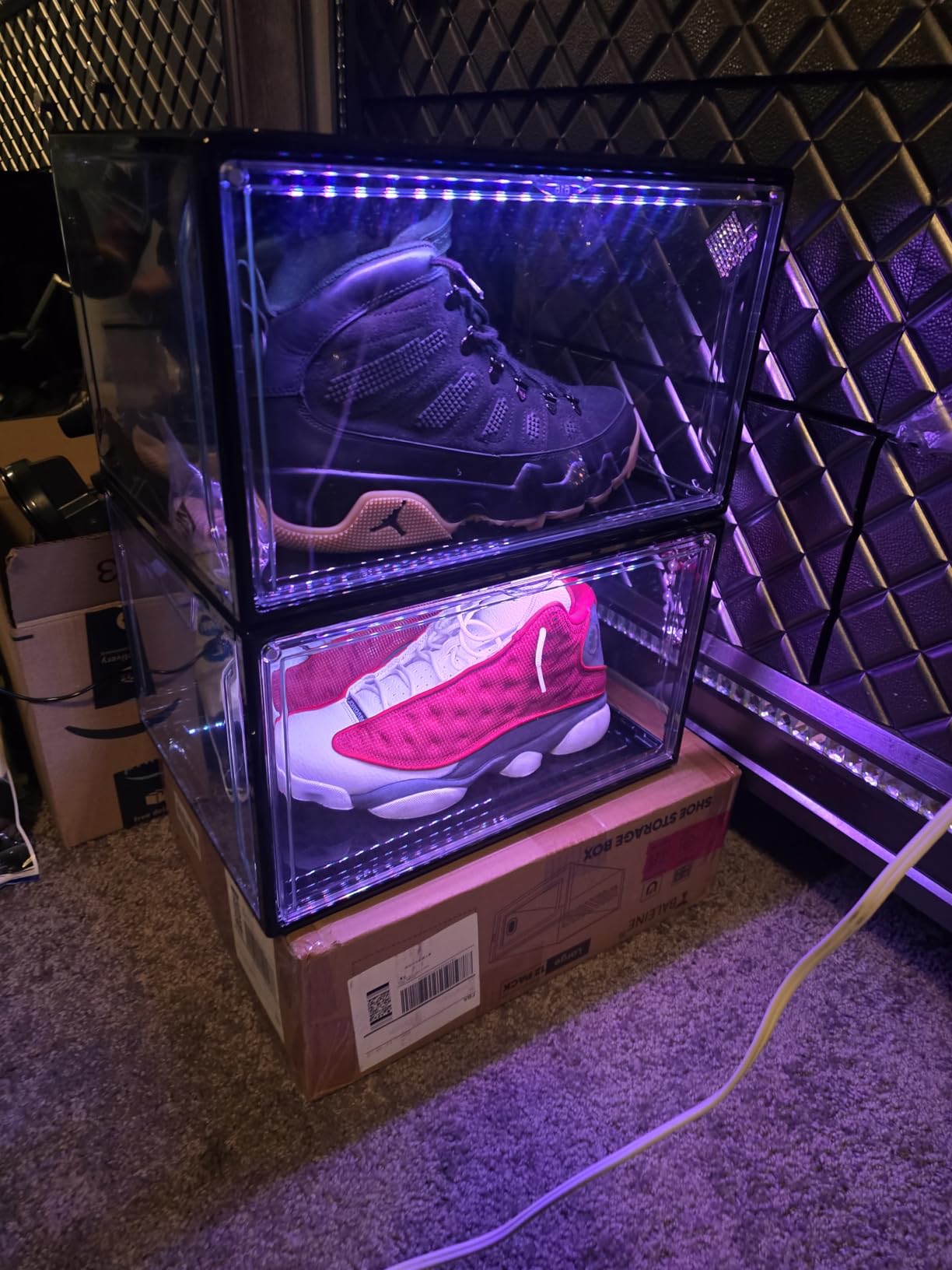 Oltraman Shoe Storage Organizer for Closet, Foldable Shoe Boxes Rack 2 pack, Clear Plastic Stackable Containers Bins Holder, Magnetic Sneaker Shelf for Sneakerheads with LED Lights (Black) customer photo 1