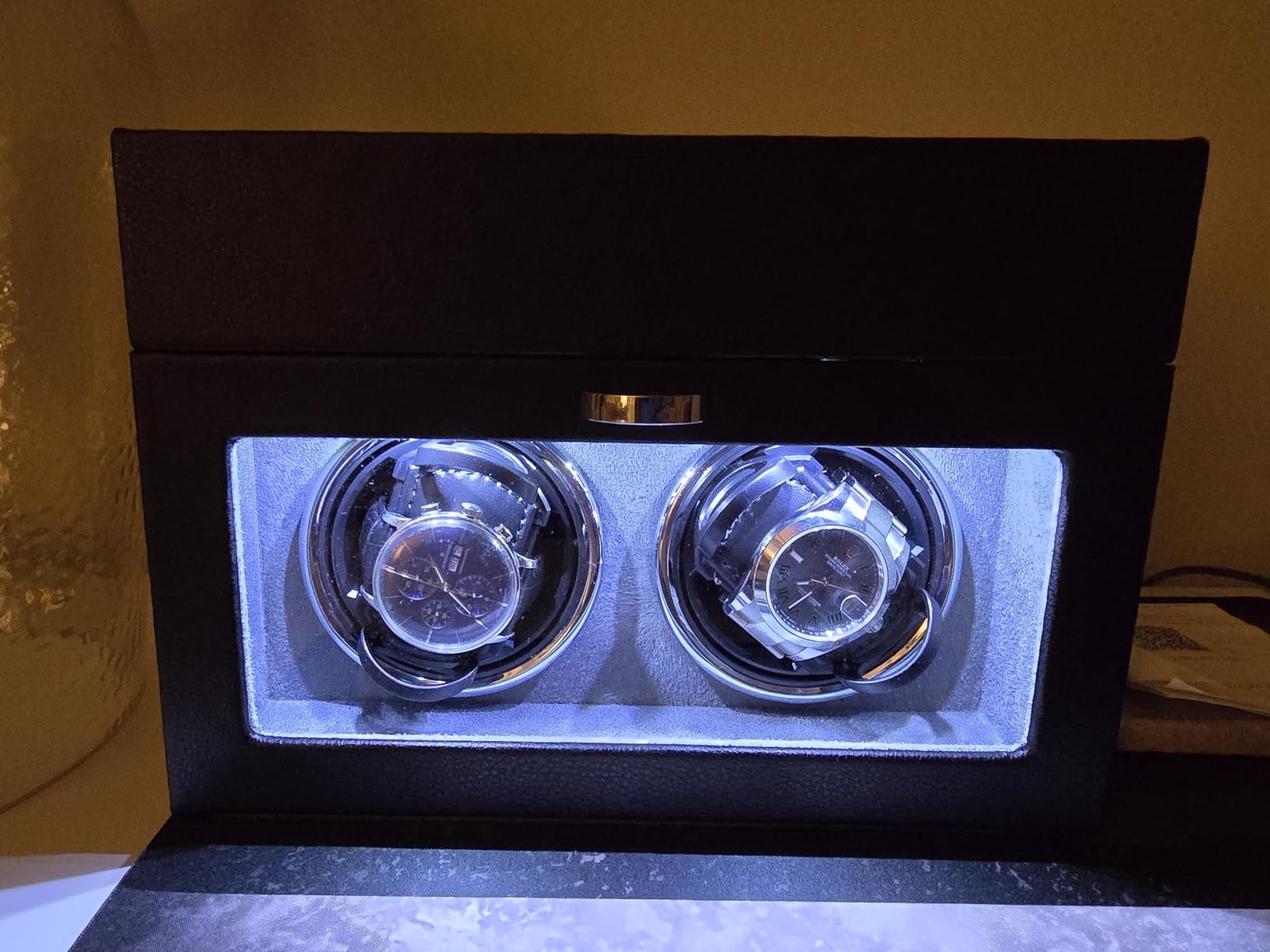 Mcbazel Automatic Double Watch Winder with Storage Box, Watch Winders for 2 Watches, Quiet Motor, LED Light, Adjustable Watch Pillows - Gray customer photo 2