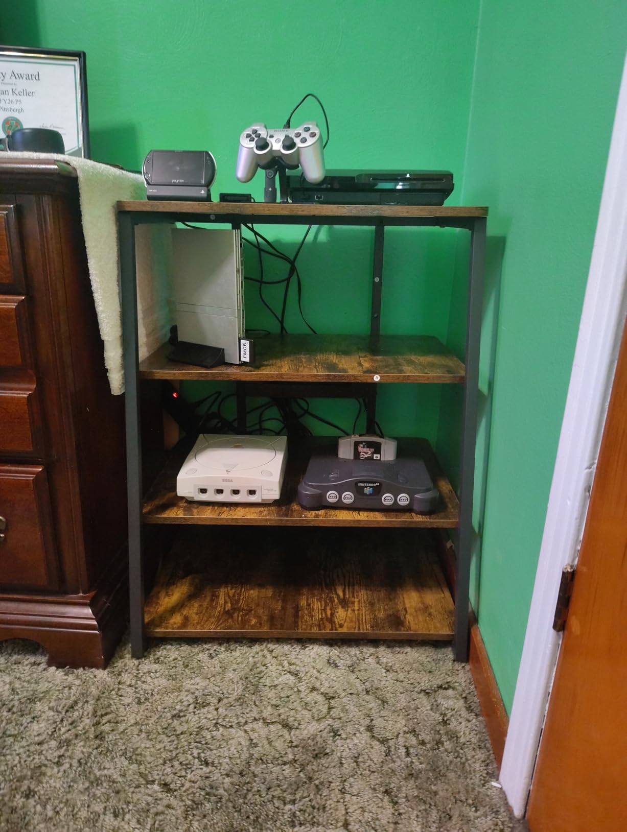 Armocity 4-Tier AV Media Stand with Power Strips, Stereo Stand with LED Lights, Rack Audio Tower with Adjustable Shelves, Small Entertainment Center, 30'', Grey Oak customer photo 1