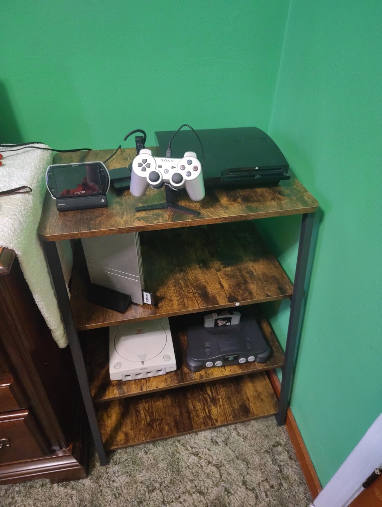 Armocity 4-Tier AV Media Stand with Power Strips, Stereo Stand with LED Lights, Rack Audio Tower with Adjustable Shelves, Small Entertainment Center, 30'', Grey Oak customer photo 2