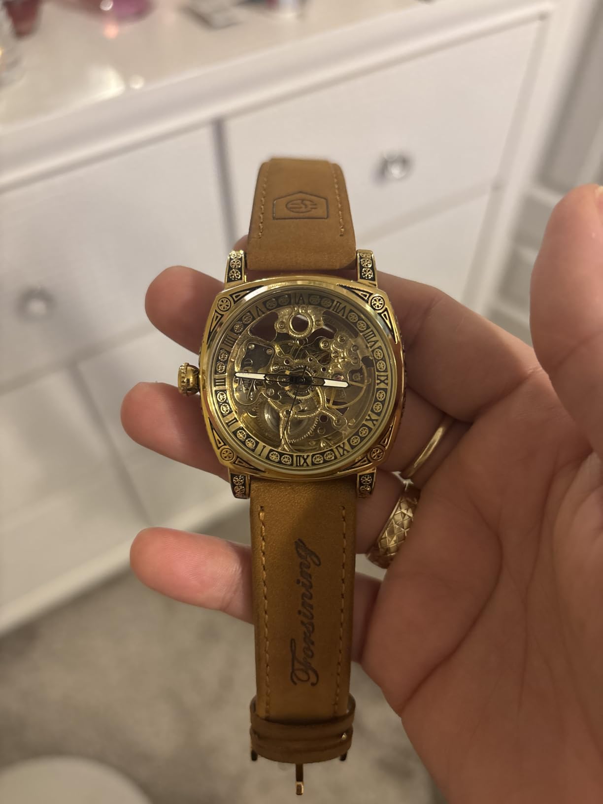 Watches for Man, Square Retro Mechanical Watch Self-Wind Carved, Skeleton Automatic Watches Vintage Leather Strap Wristwatch customer photo 1