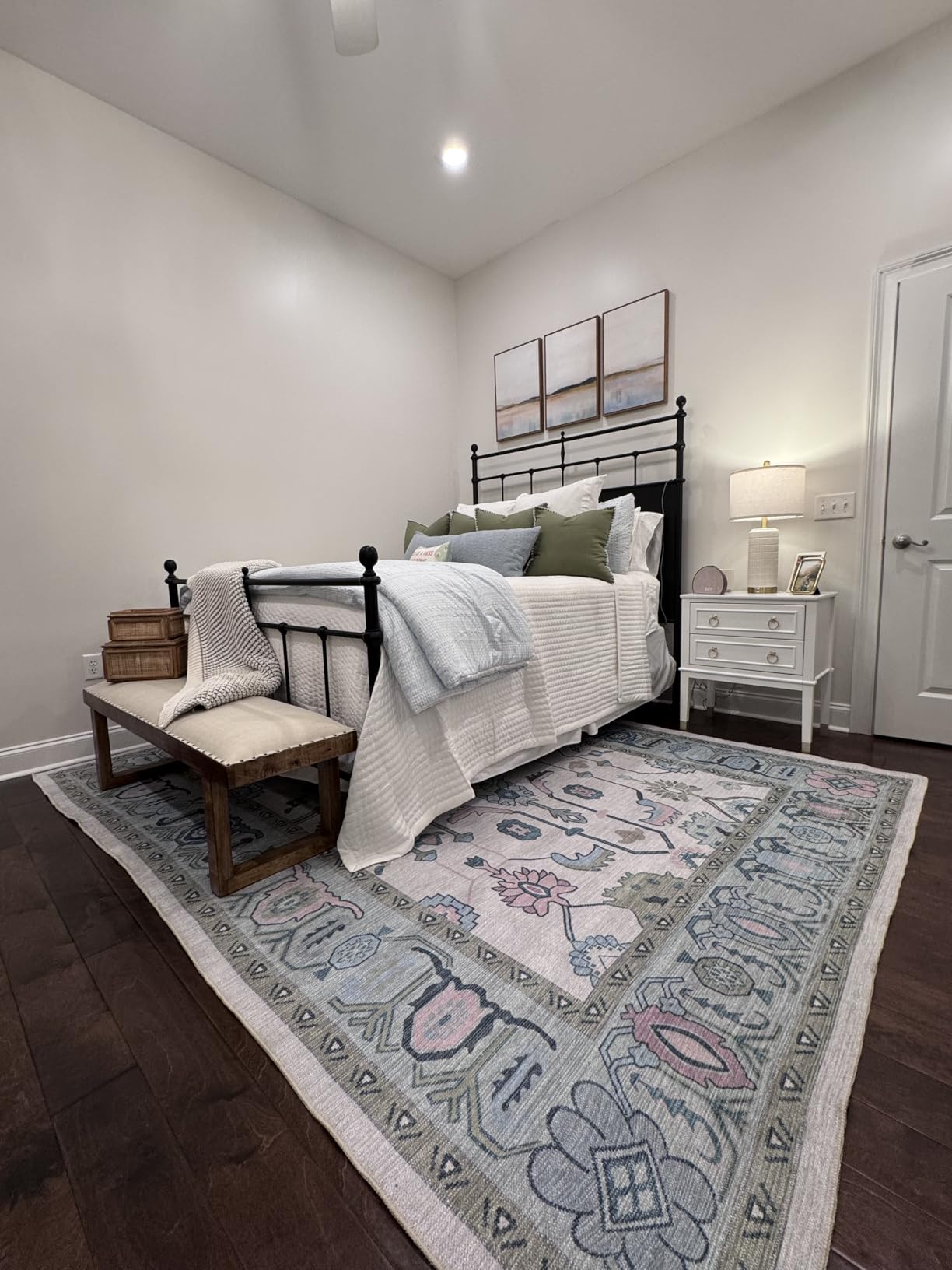 Fame Living Cream Blue Oushak Rug, Modern, Vintage, Turkish, Eclectic, Floral, Pastel, Washable, Area Rugs for Living Room, Dining, Bedroom, Nursery, Girls, Boys, 5'9