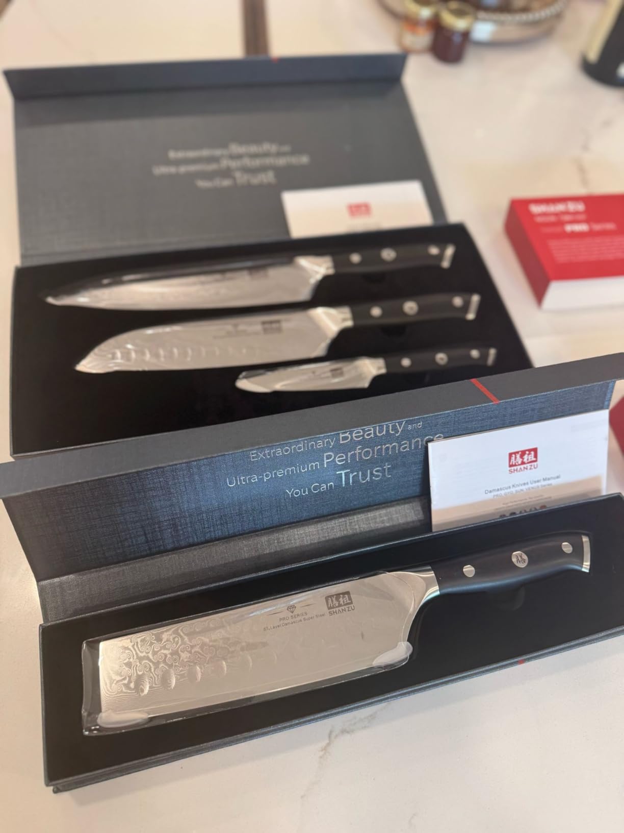 SHAN ZU Damascus Knife Set, Japanese Super Steel 3 PCS Damascus High Carbon Professional Ultra-Sharp Kitchen Chef Knife Set with G10 Handle Gift Box customer photo 2