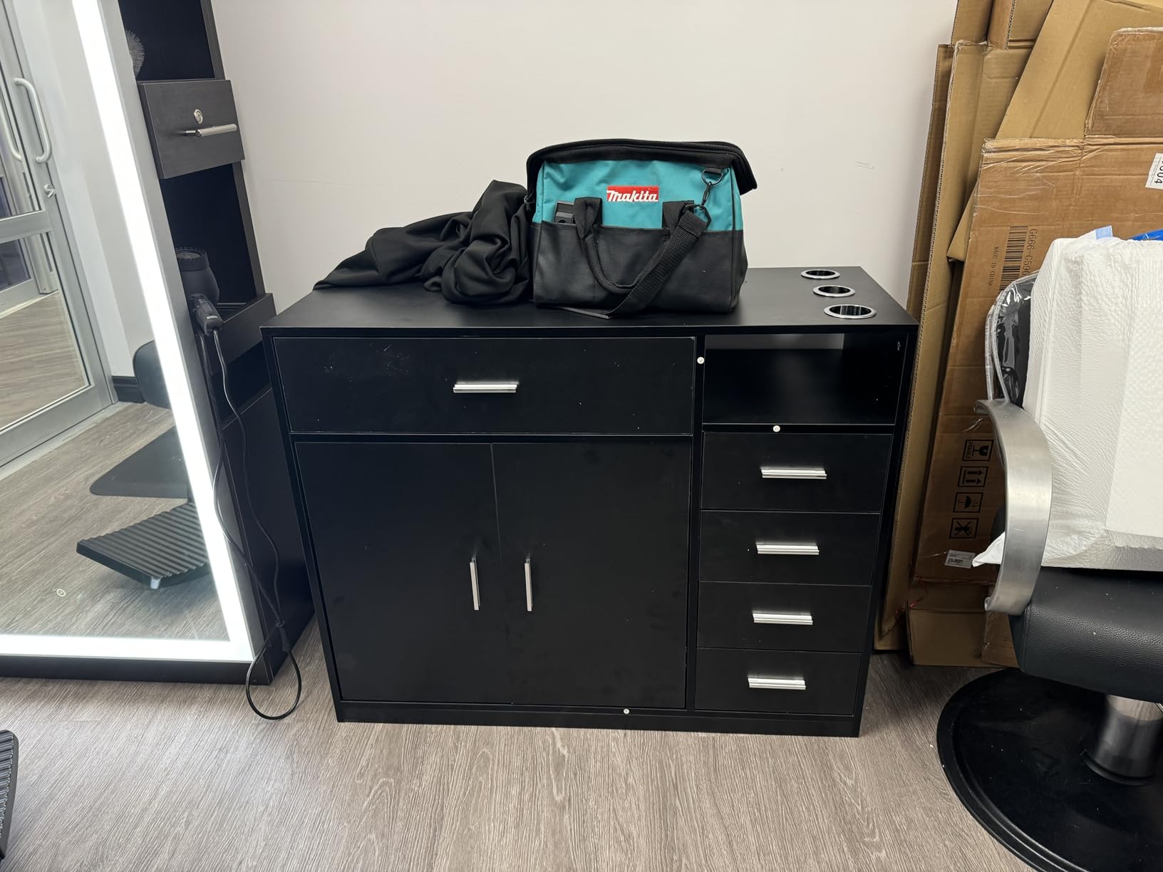 OmySalon Salon Station Free Standing Cabinet, Barber Hair Styling Stations, Beauty Spa Equipment with 5 Drawers, 1 Storage Cabinet, 3 Hair Dryer Holders customer photo 2