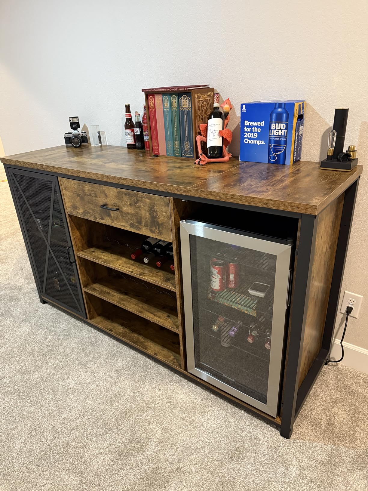 LVB Large Bar Cabinet with Fridge Space, Rustic Long Liquor Cabinet with Drawer Storage, Farmhouse Wood Metal Wine Cabinet with Rack, Sideboard Buffet for Kitchen Dining Room, Rustic Brown, 70 Inch customer photo 1