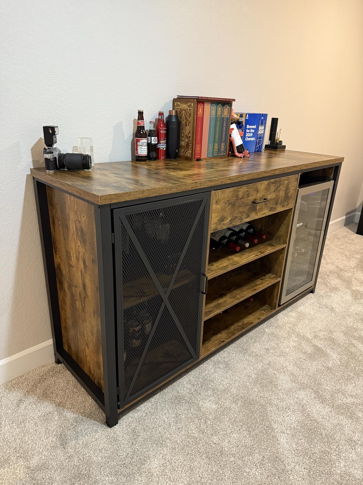 LVB Large Bar Cabinet with Fridge Space, Rustic Long Liquor Cabinet with Drawer Storage, Farmhouse Wood Metal Wine Cabinet with Rack, Sideboard Buffet for Kitchen Dining Room, Rustic Brown, 70 Inch customer photo 2