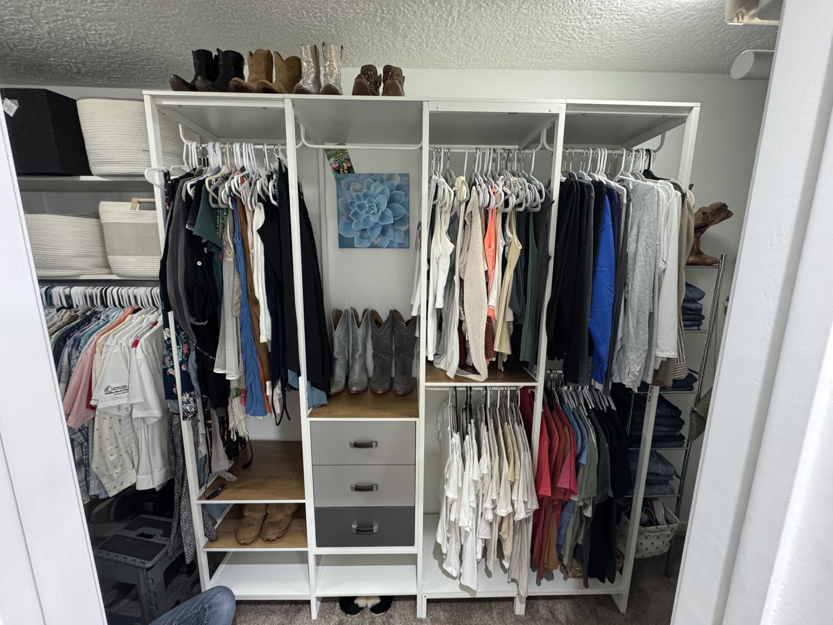 Aheaplus Wood Clothes Rack Wardrobe Closets for Hanging Clothes Heavy Duty Garment Rack, Large Corner L Shaped Closet System Organizer Walk-in Closet for Bedroom with 3 Wood Drawers, Pure White customer photo 1