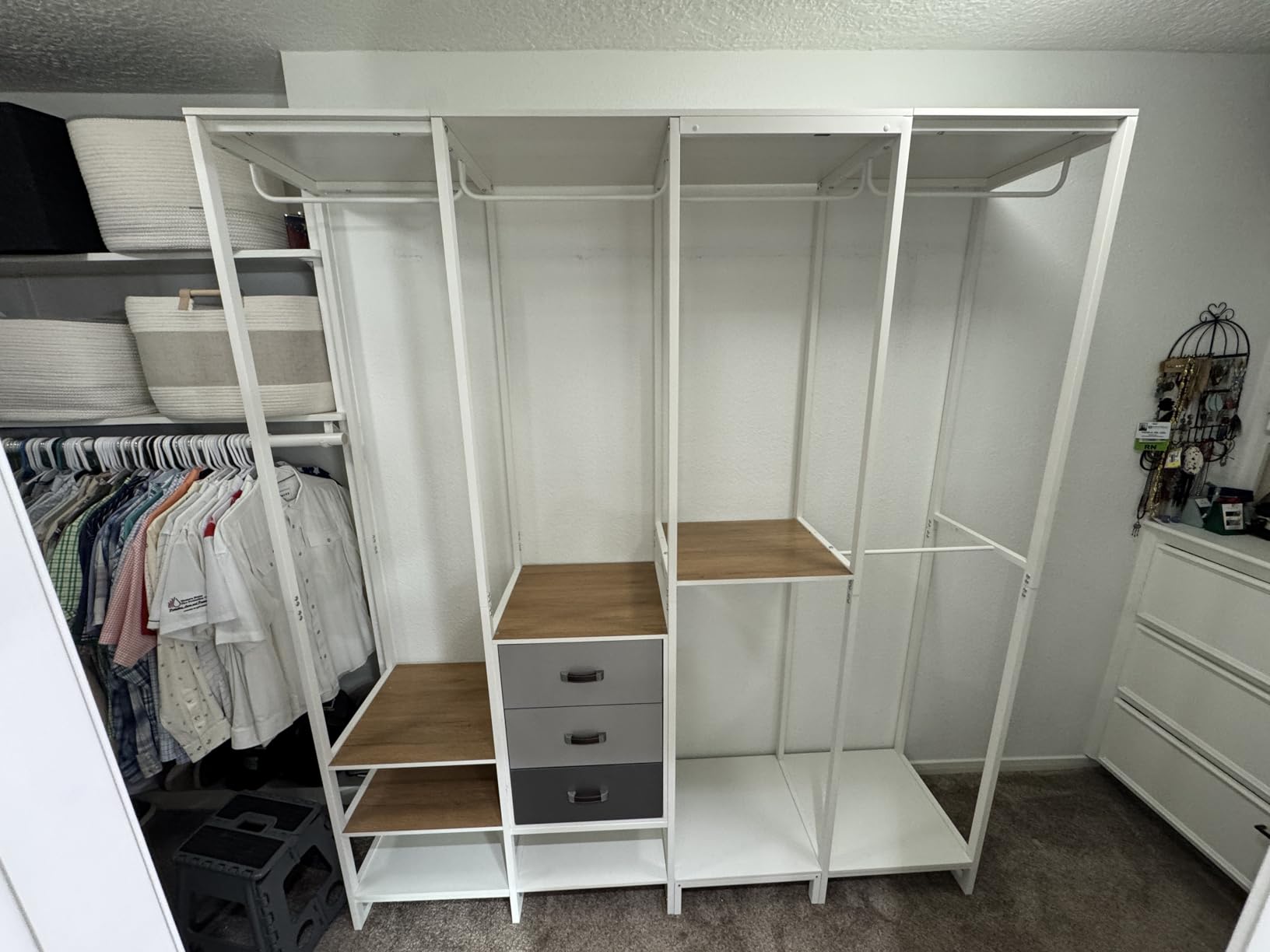 Aheaplus Wood Clothes Rack Wardrobe Closets for Hanging Clothes Heavy Duty Garment Rack, Large Corner L Shaped Closet System Organizer Walk-in Closet for Bedroom with 3 Wood Drawers, Pure White customer photo 2