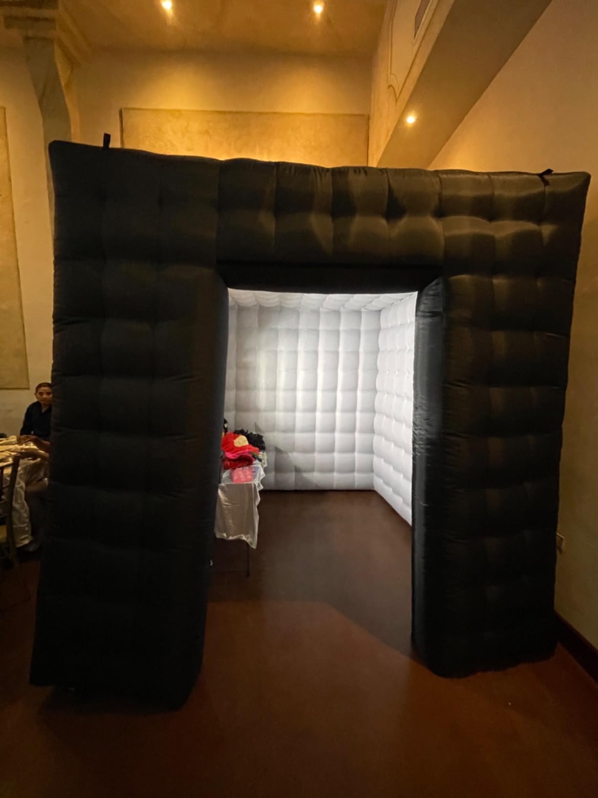 SAYOK Portable Inflatable Photo Booth Enclosure Photobooth Tent Photo Booth Backdrop Inflatable Black Cube Tent with Led Light for Advertising, Bars, Party Wedding (Two Doors, Black&White, 8.2ft) customer photo 2
