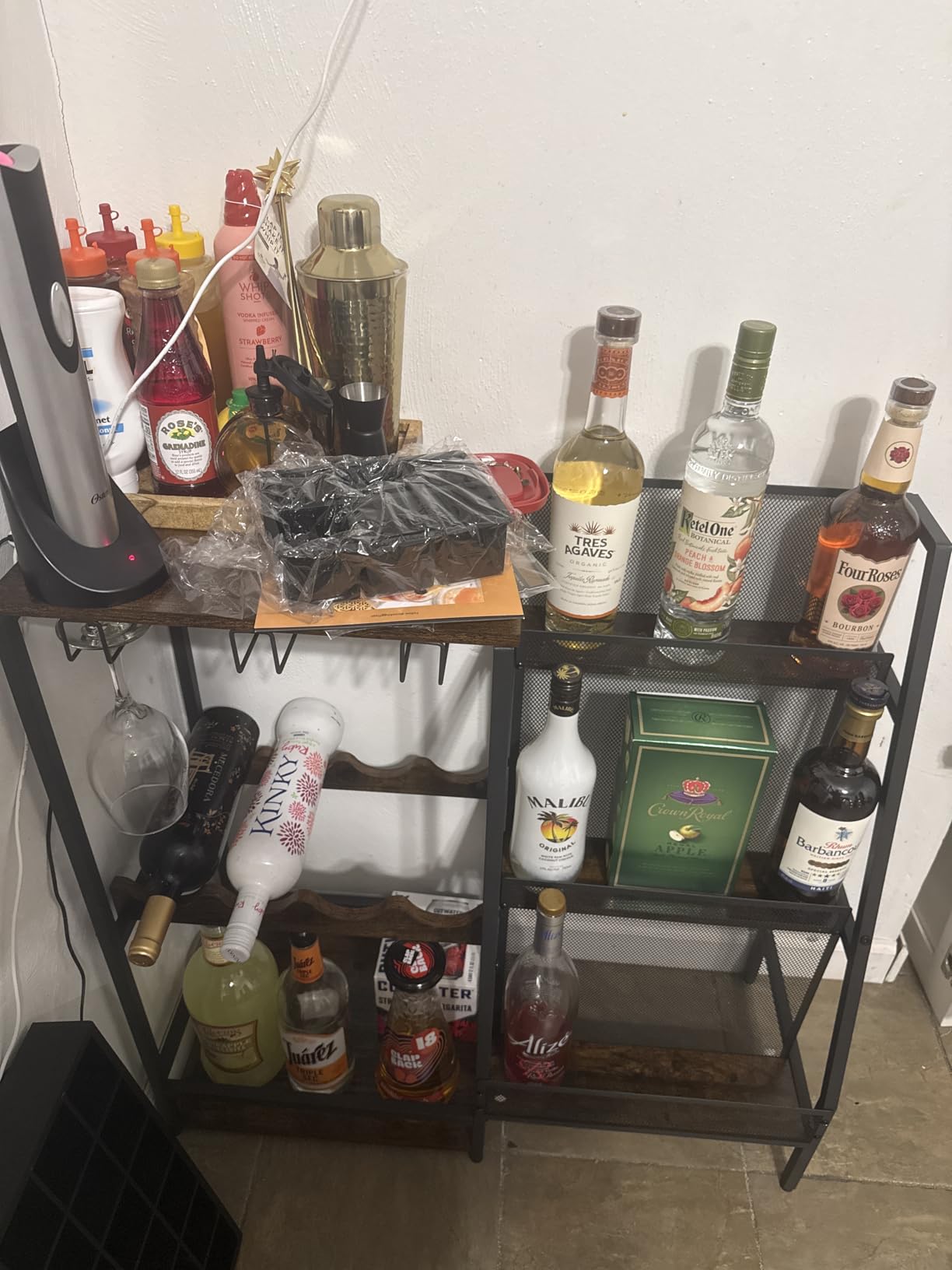 Versatile Liquor Stand for Home Bar, Wine Rack Freestanding Floor, Mini Bar Table for Liquor Whiskey Wine, 3-Tier Trapezoidal Liquor Bottle Display Shelf with Glass Holder and Fences(Patent Pending) customer photo 1
