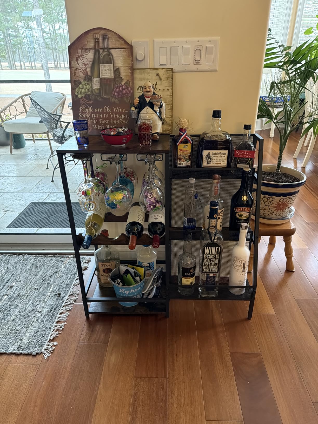 Versatile Liquor Stand for Home Bar, Wine Rack Freestanding Floor, Mini Bar Table for Liquor Whiskey Wine, 3-Tier Trapezoidal Liquor Bottle Display Shelf with Glass Holder and Fences(Patent Pending) customer photo 2