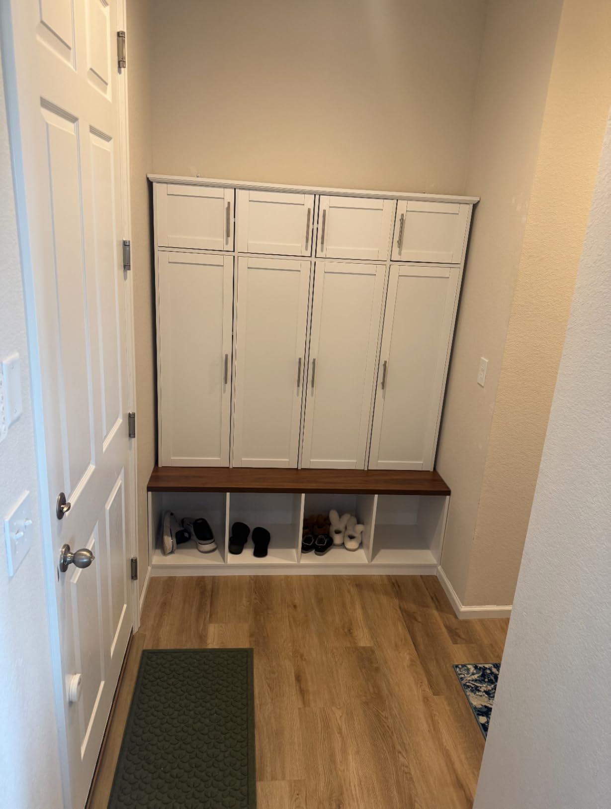 LUMISOL Wide Hall Tree with Bench and Shoe Storage, Entryway Bench with 4 Hidden Hanging Hooks & Storage Cube, Mudroom Coat Rack with 8 Cabinets for Living Room, Black customer photo 1