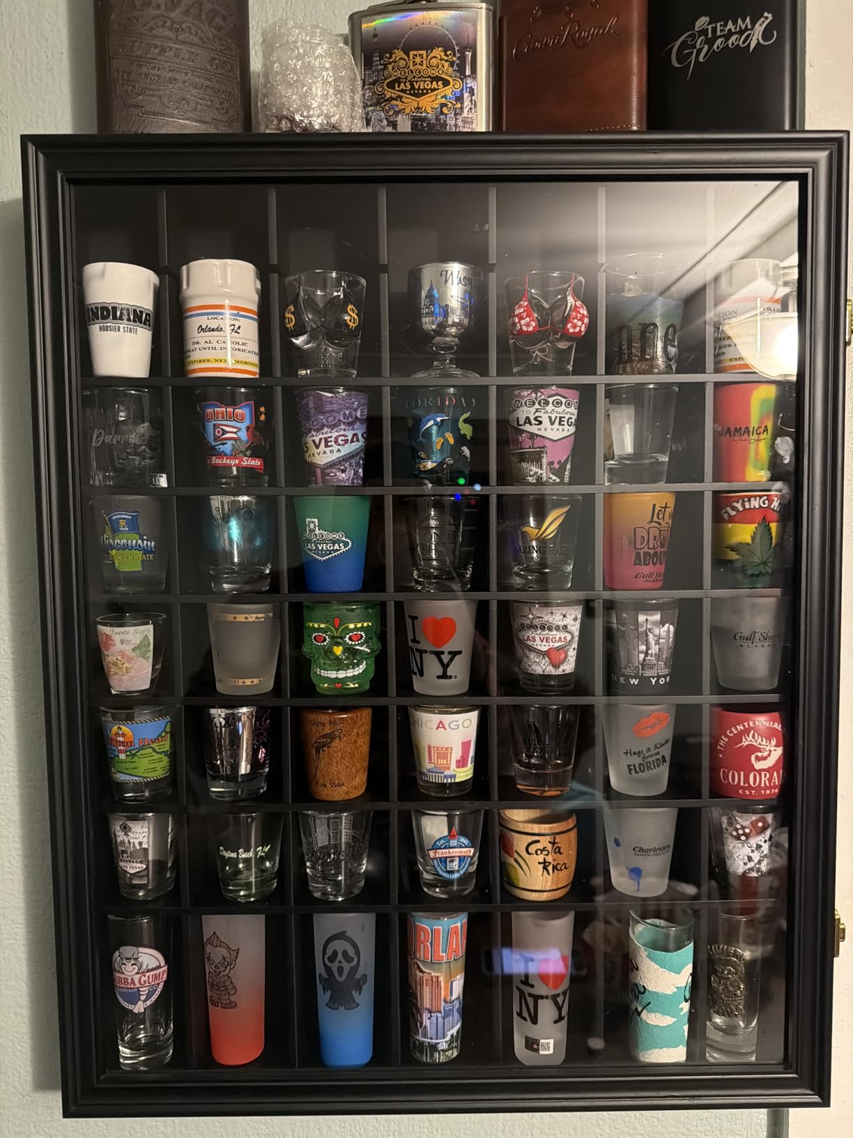 Shot Glass Display Case Wooden Cabinet Rack Holder Wall Mounted 56 Slots Black Shadow Box Lockable with UV Protection Acrylic Glass Door customer photo 1