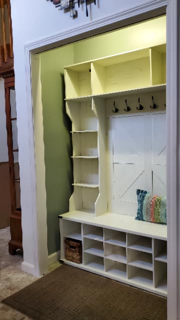 VASAGLE Hall Tree with Bench and Shoe Storage, Coat Rack with Shoe Bench, Entryway Furniture, 16 Open Compartments, 6 Tri-Hooks, Farmhouse Style, Space Saving, Rustic White UHSR427W02 customer photo 1