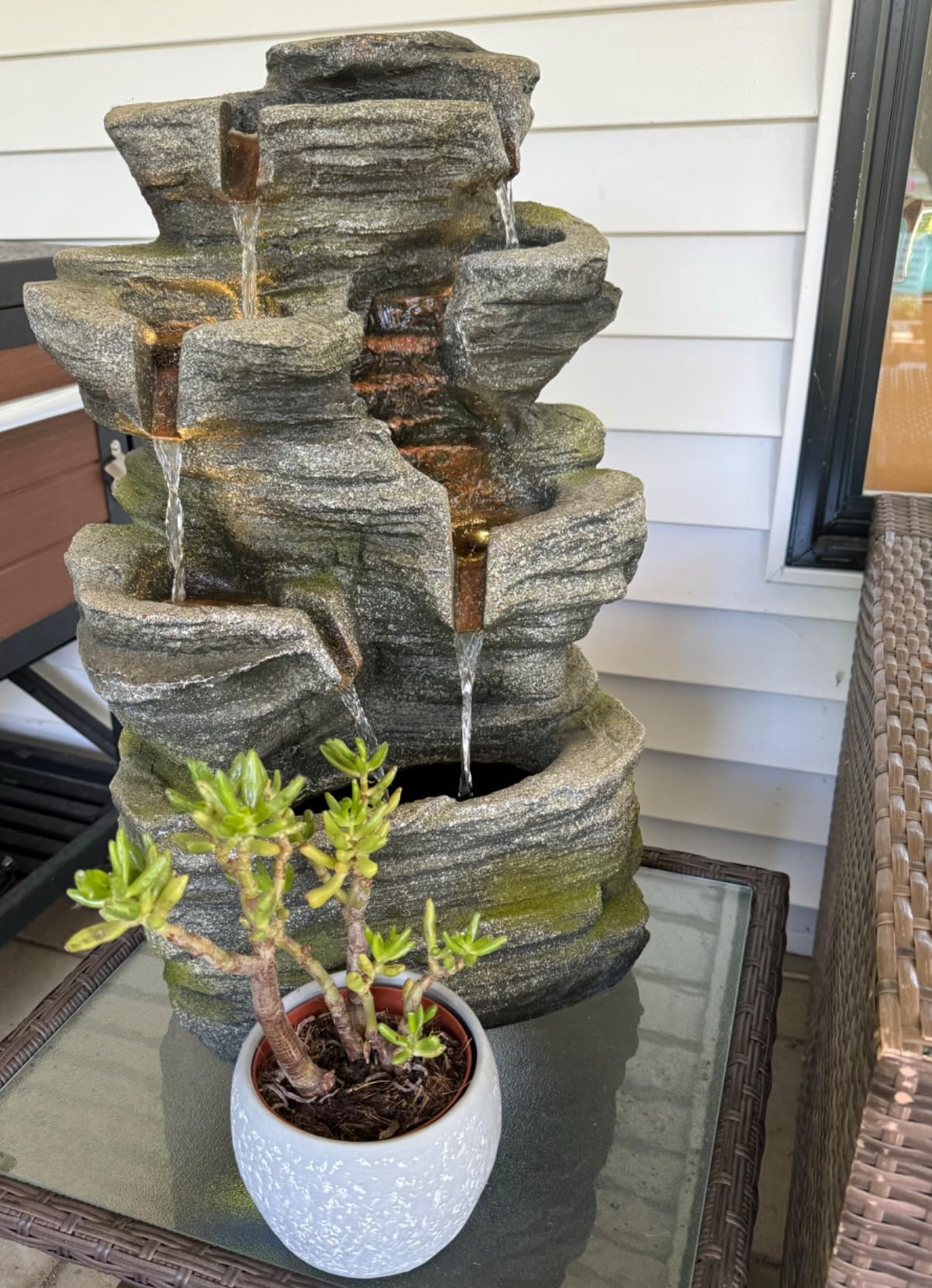 6 Tier Cascading Rock Solar Water Fountain Outdoor Garden Waterfall Decor with LED Lights, 24.4