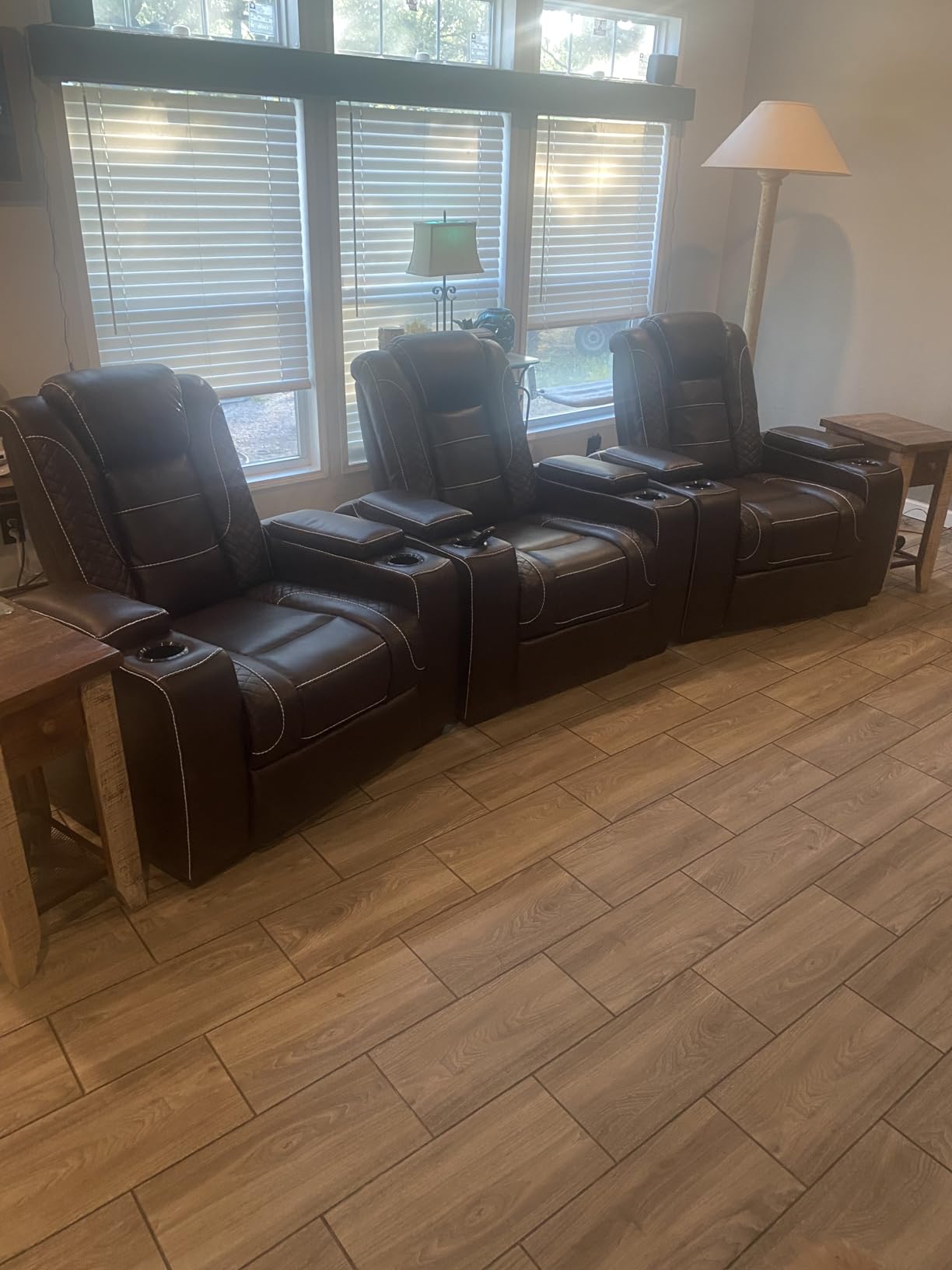 ANJ Power Home Theater Seating Recliner Chairs Set of 3, PU Leather Recliner with Cup Holder, Electric Movie Theater Reclining Chairs with Adjustable Headrest, LED Lights, Hidden Arm Storage (Brown) customer photo 1