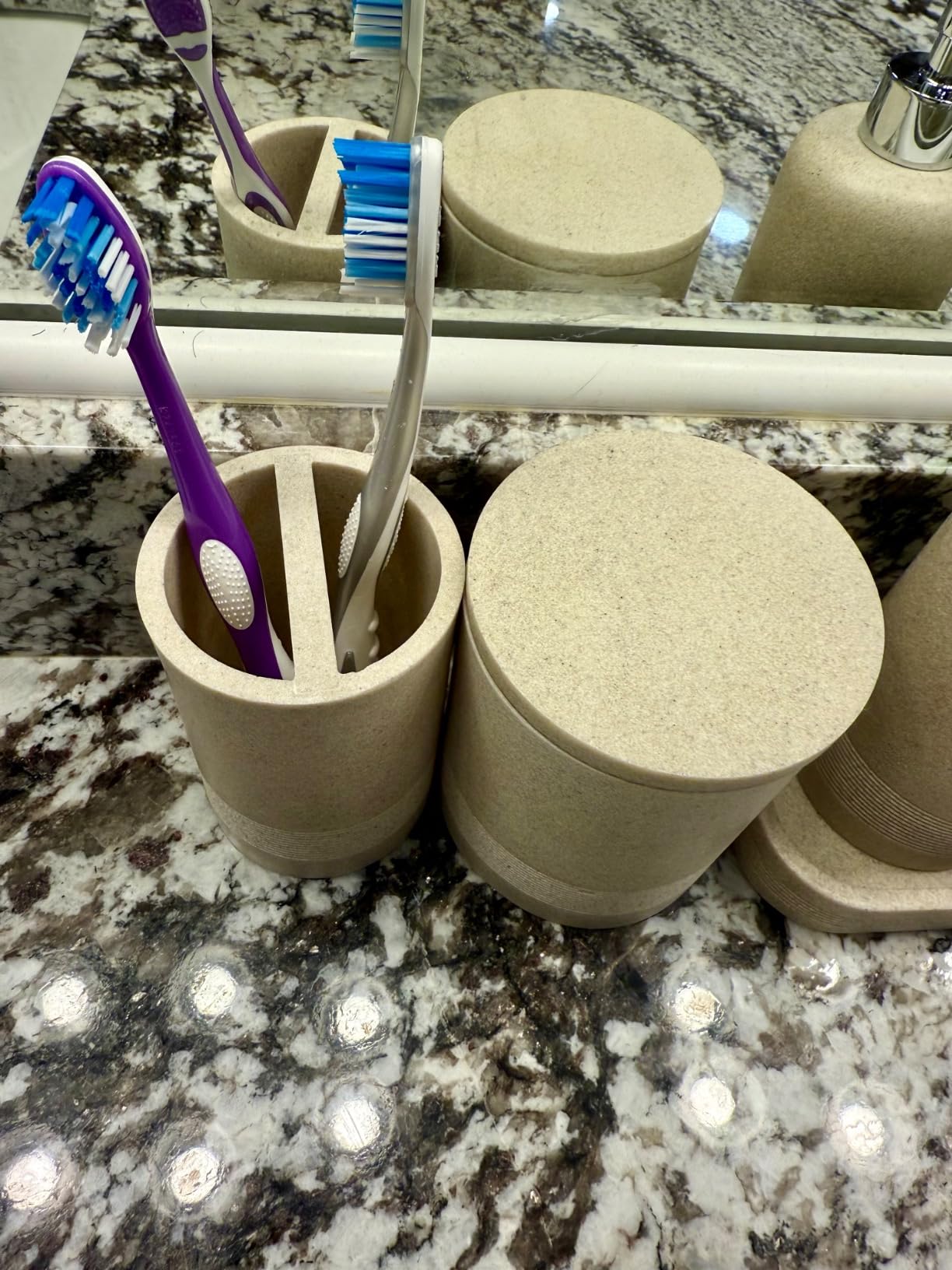 Bathroom Accessories Set, 6-Piece Bathroom Accessory Set, Toothbrush Holders Set, Soap Dispenser, Vanity Tray, Tumbler, Cotton Swab Jars, Bathroom Organizer for Modern Bathrooms (Marble White) customer photo 2