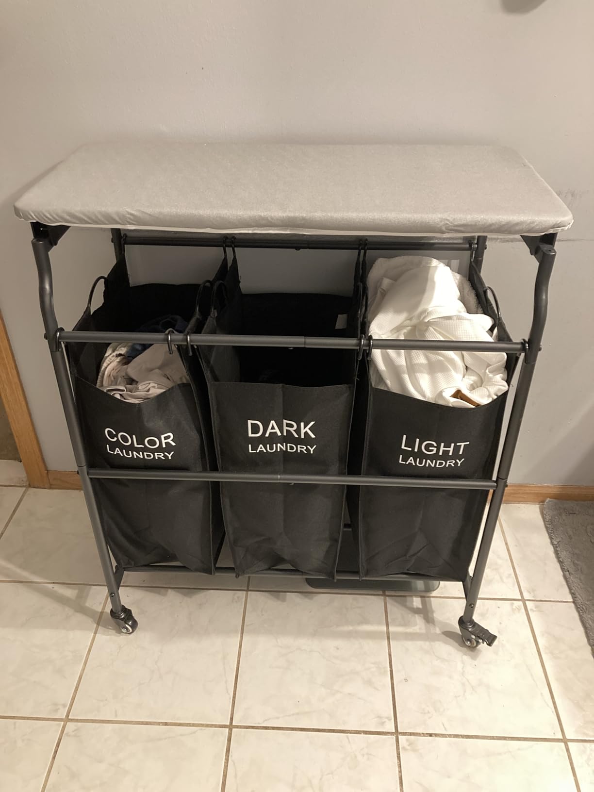 Hoctieon 3 Section Laundry Sorter Cart with Ironing Board, Laundry Hamper with Shelf and Rolling Wheels, Heavy Duty Laundry Basket Organizer, Large Clothes Separator Hamper with Removable Bags, Gray customer photo 1