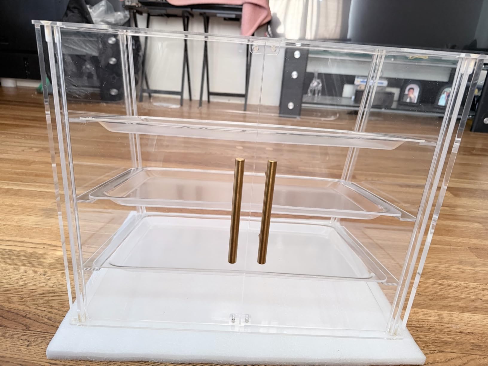 3 Tray Acrylic Bakery Display Case Countertop with Magnetic Rear Doors Access, Removable Trays & Gold Accents, Acrylic Pastry Display Case for Desserts, Cookies, Bread & Baked Goods (21