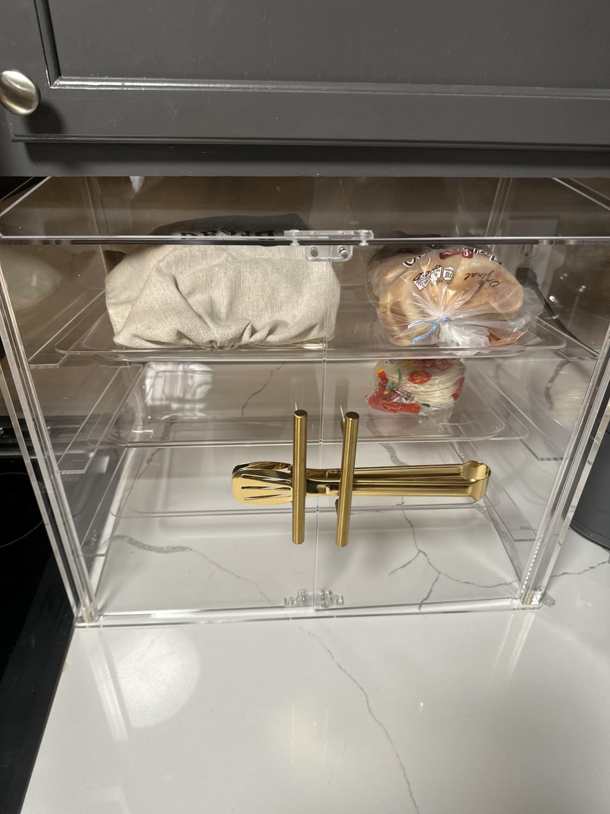 3 Tray Acrylic Bakery Display Case Countertop with Magnetic Rear Doors Access, Removable Trays & Gold Accents, Acrylic Pastry Display Case for Desserts, Cookies, Bread & Baked Goods (21