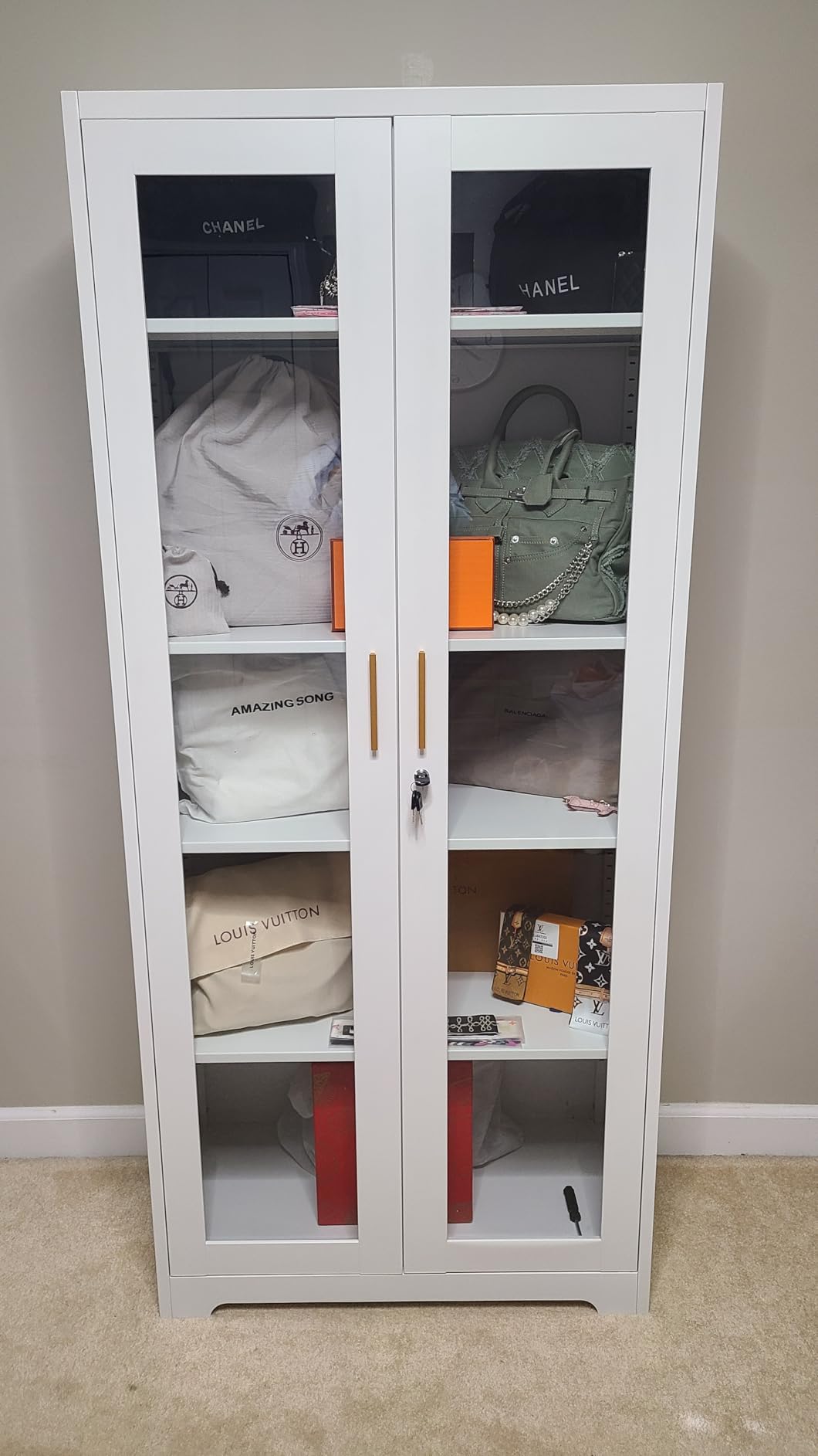 Lockable Display Cabinet with Glass Doors, Curio Cabinets with 4 Adjustable Shelves, Liquor Bookcase Bookshelf with Doors, Metal Storage Cabinet for Living Room Pantry, White customer photo 2