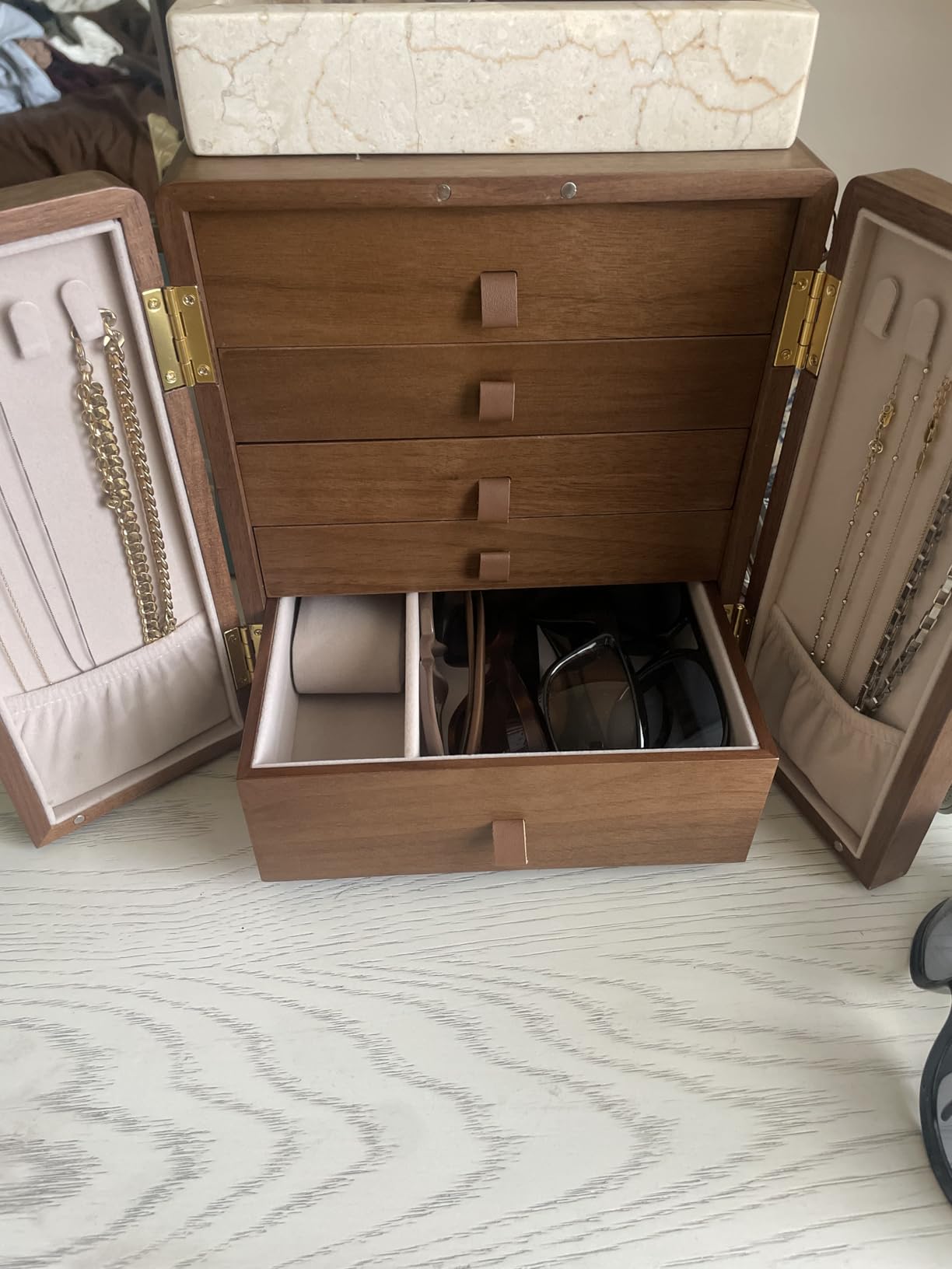 Homruilink Wooden Jewelry Box 5 Layer Black Walnut Large Jewelry Organizer with Brass Handle for Necklaces Rings Earrings Watches Storage customer photo 2