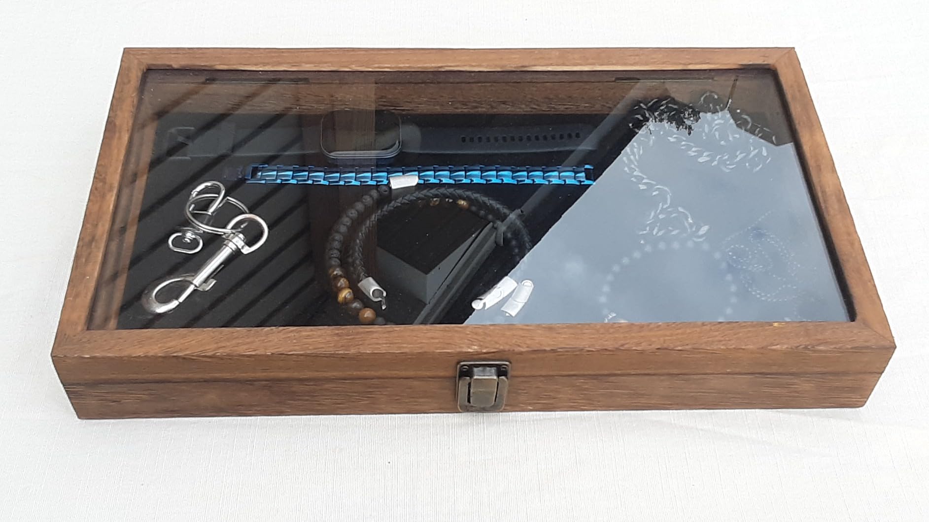 MOOCA Tempered-Glass Top Wooden Jewelry Display Case with Removable Base, Black Luxurious Velvet Jewelry Display Pad & 20 Removable Pins, Deeper 2.2