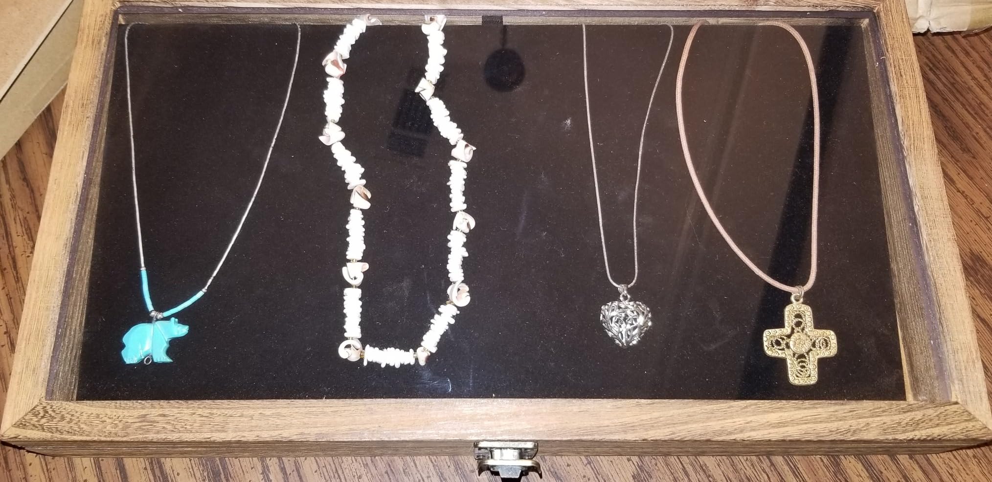 MOOCA Tempered-Glass Top Wooden Jewelry Display Case with Removable Base, Black Luxurious Velvet Jewelry Display Pad & 20 Removable Pins, Deeper 2.2