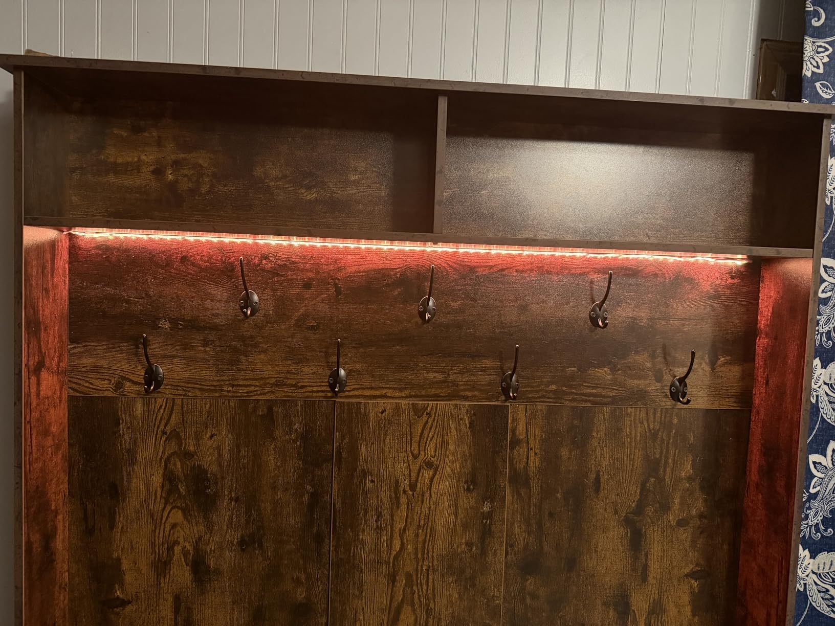 Itaar Hall Tree with Bench and Shoe Storage, 5-in-1 Entryway Bench with Coat Rack, 16 Shoe Cubbies & 12 Coat Hooks, Barn Door & Adjustable Shelf (Embossed White) customer photo 1