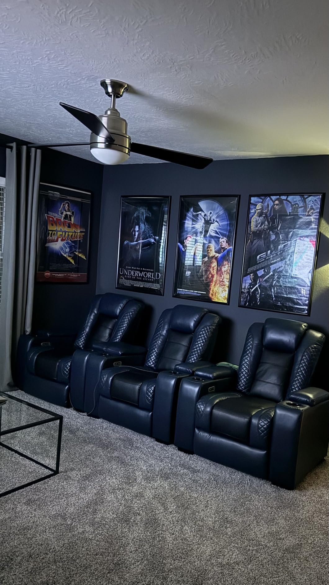 ANJ Power Home Theater Seating Set of 3, Blue Faux Leather Electric Recliner Chair with Adjustable Headrest, Dual Motors Movie Reclining Chairs with LED Lights, USB port, Cup Holders, Hidden Arm Storage customer photo 1