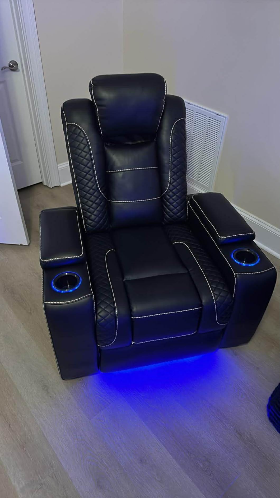 ANJ Power Home Theater Seating Set of 3, Blue Faux Leather Electric Recliner Chair with Adjustable Headrest, Dual Motors Movie Reclining Chairs with LED Lights, USB port, Cup Holders, Hidden Arm Storage customer photo 2