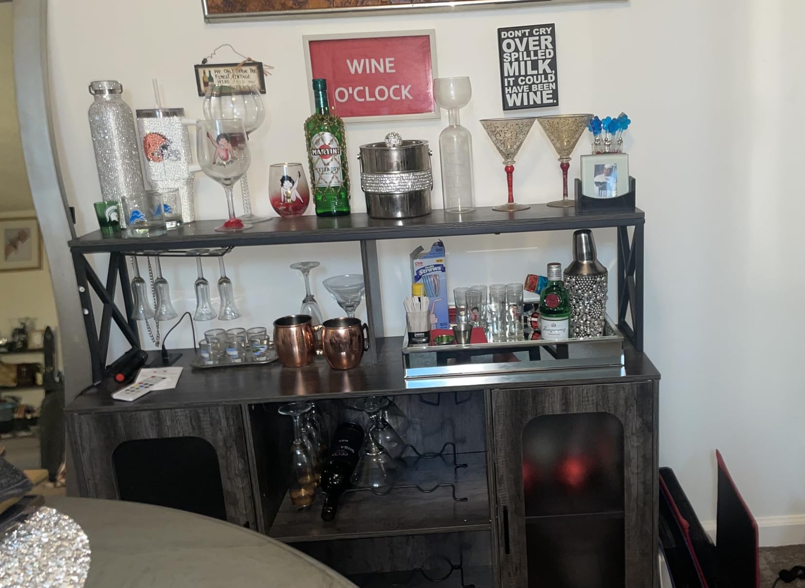 Aheaplus Bar Cabinet with Power Outlets, Liquor Cabinet with Led Lights and Glass Holder, Storage Buffet Cabinet Coffee Bar Cabinet for Liquor, Wine Cabinet with Racks for Home, Kitchen, Grey Oak customer photo 1